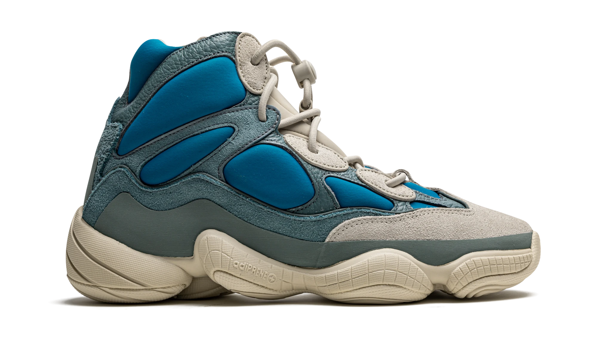 Basket Adidas Yeezy 500 High Frosted Blue en cuir bleu, disponible en France, Suisse, Belgique et Luxembourg — vue de profil extérieur.