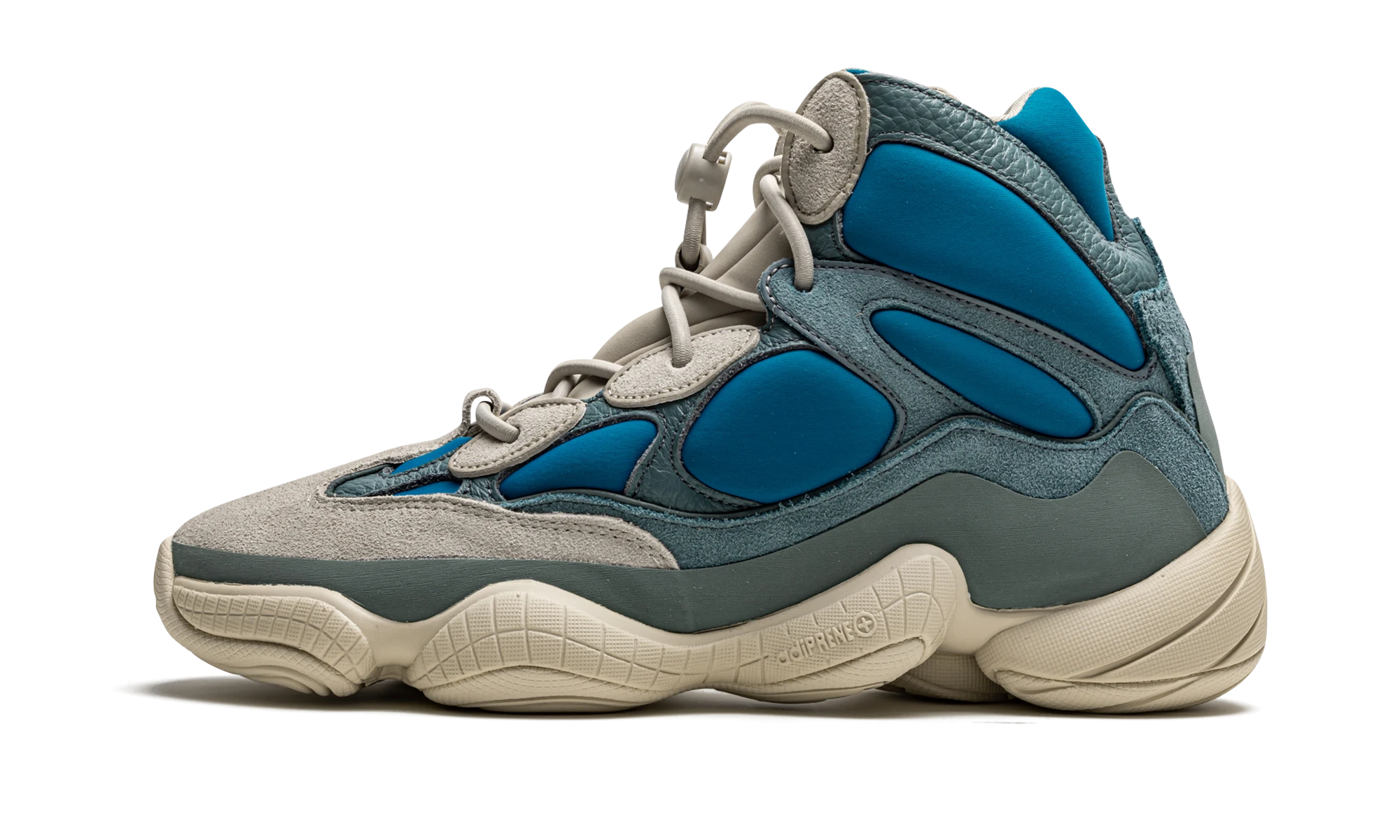 Détail du côté intérieur de la basket Adidas Yeezy 500 High Frosted Blue bleu.