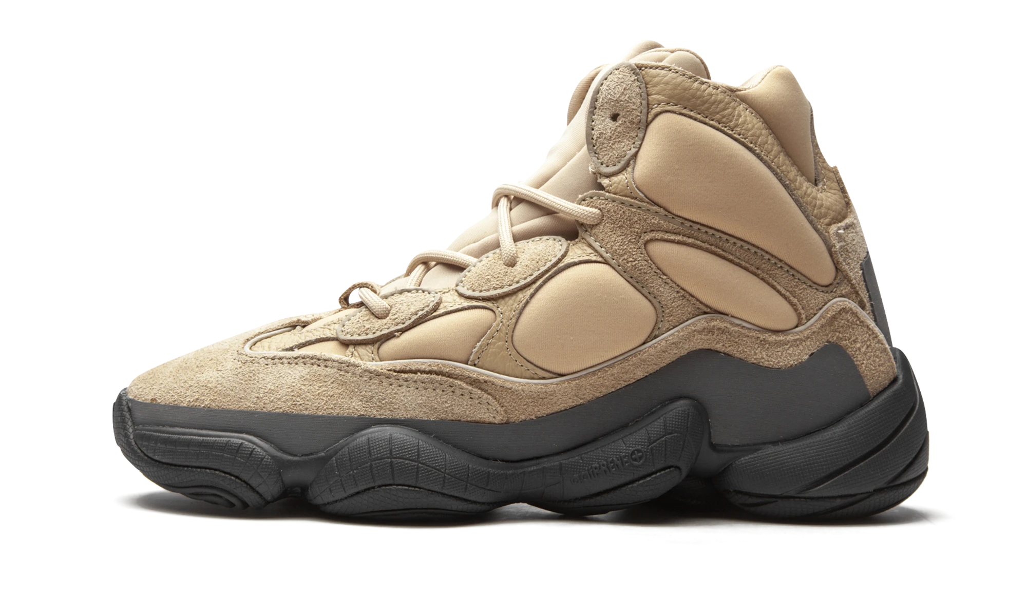 Détail du côté intérieur de la basket Adidas Yeezy 500 High Shale Warm gris.