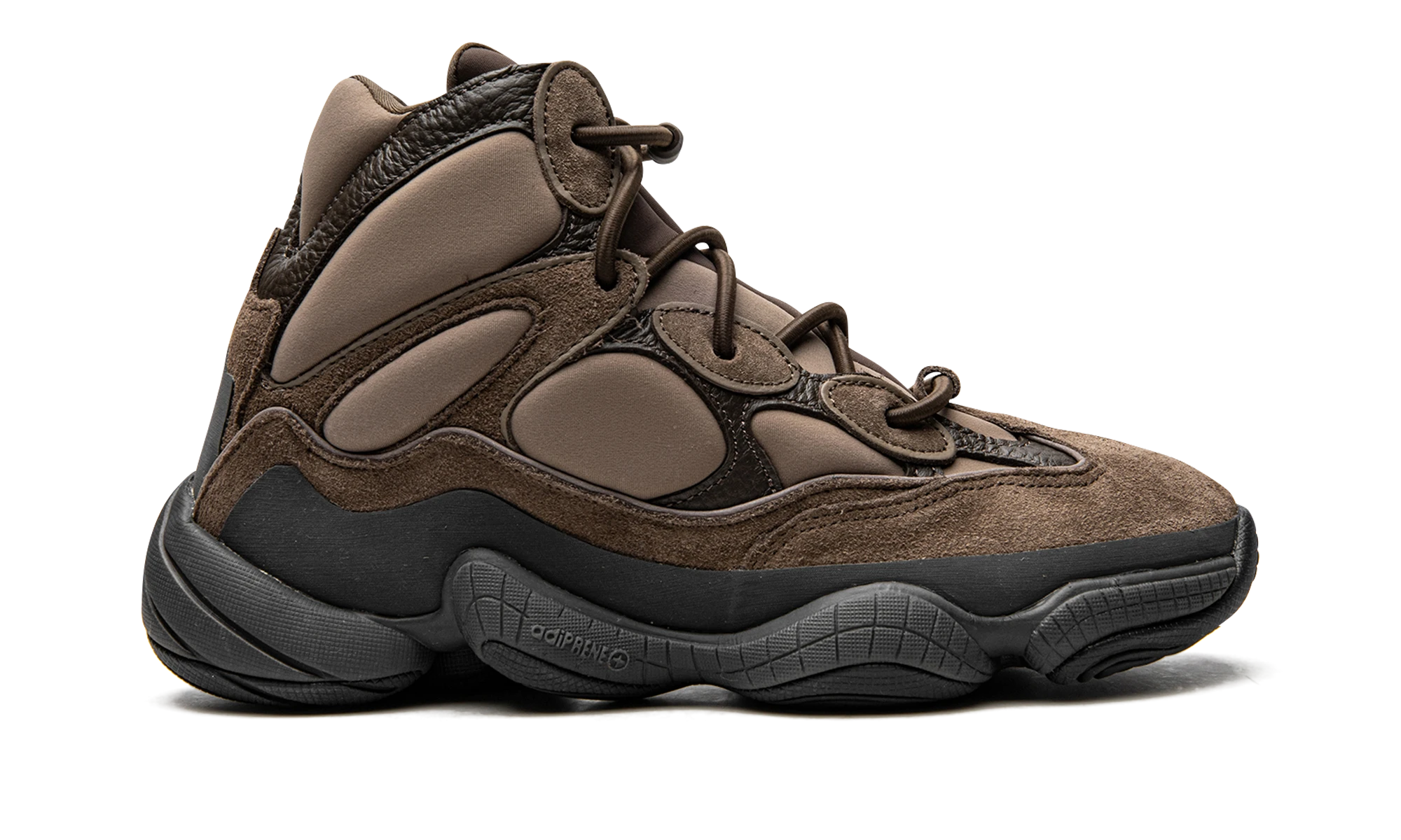 Basket Adidas Yeezy 500 High Taupe Black en cuir beige et noir, disponible en France, Suisse, Belgique et Luxembourg — vue de profil extérieur.