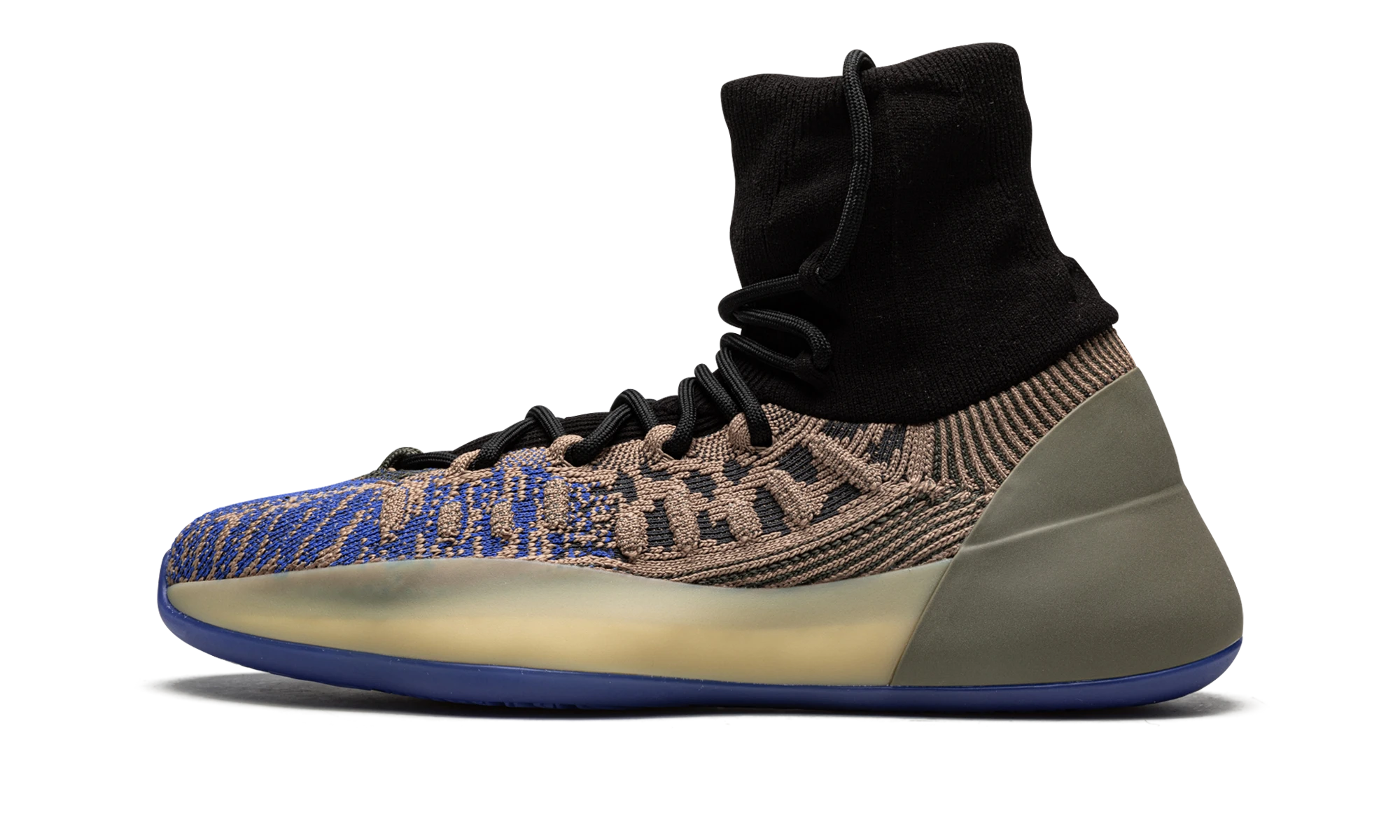 Détail du côté intérieur de la basket Adidas Yeezy BSKTBL Knit Slate Azure gris, bleu et noir.