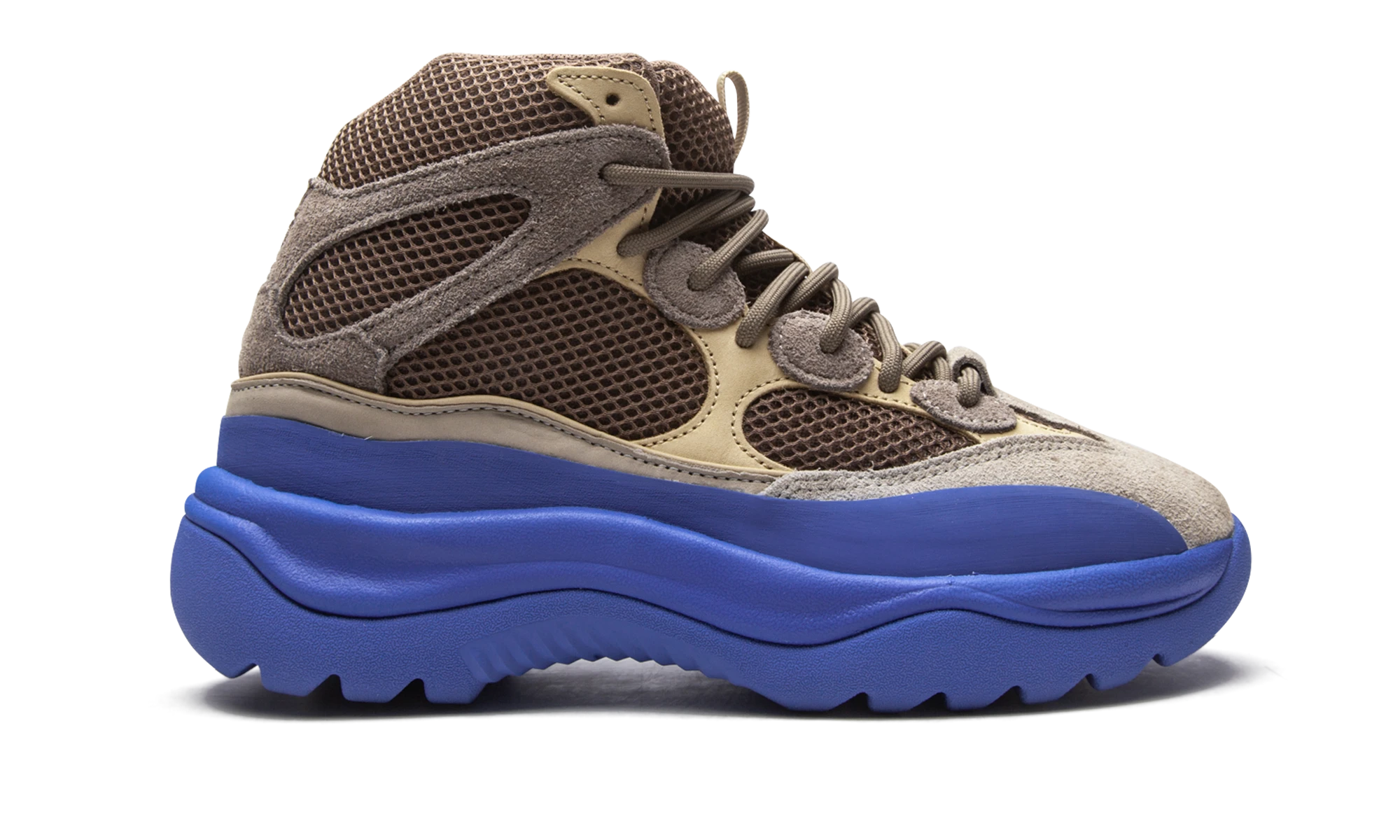 Botte Adidas Yeezy Desert Boot Taupe Blue en nubuck beige et bleu, disponible en France, Suisse, Belgique et Luxembourg — vue de profil extérieur.