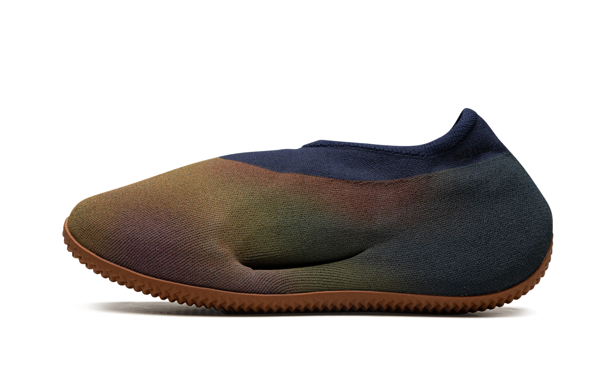 Détail du côté intérieur de la basket Adidas Yeezy Knit RNR Fade Indigo bleu.