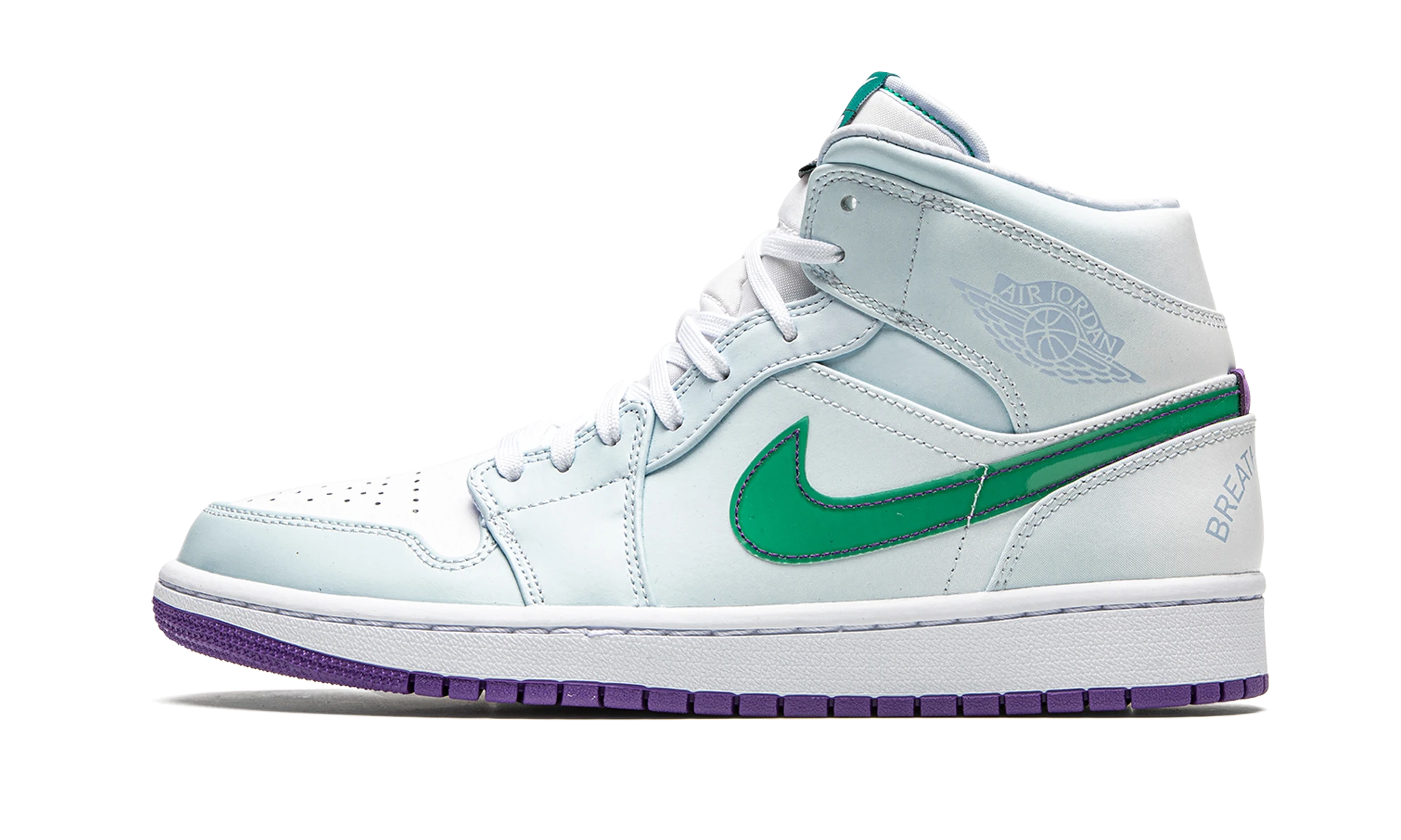 Détail du côté intérieur de la basket Jordan 1 Mid Pregame Pack Mindfulness Luka Doncic blanc, vert et violet.