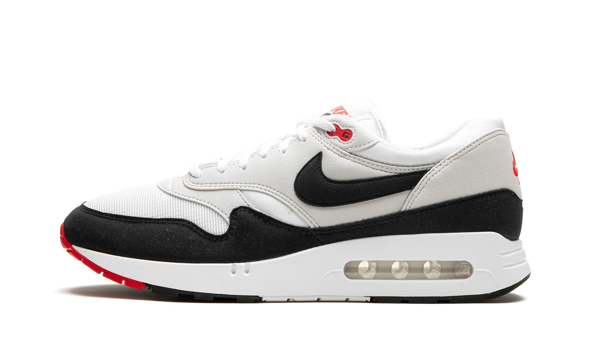 Détail du côté intérieur de la basket Nike Air Max 1 '86 Big Bubble Obsidian blanc, noir et gris.