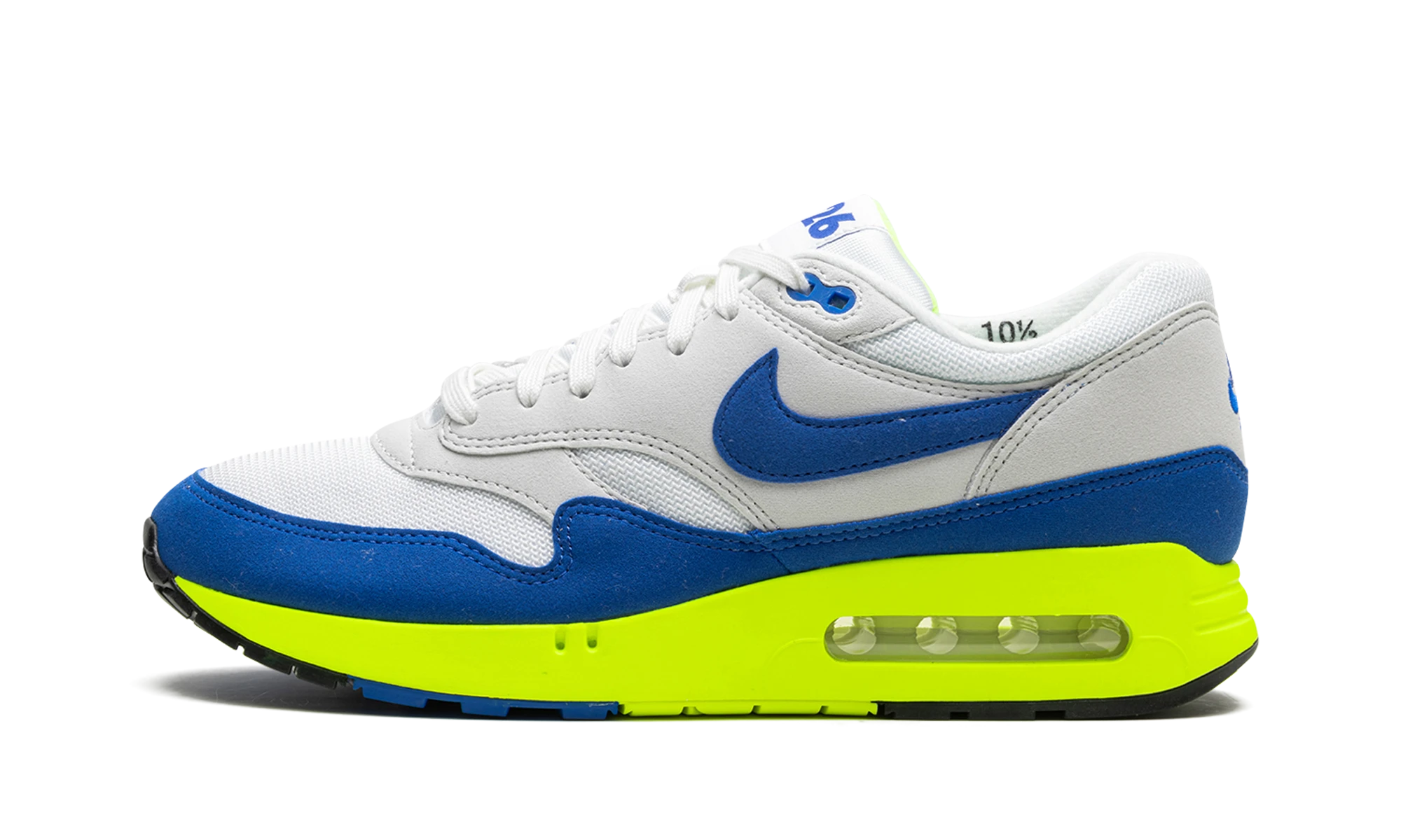 Détail du côté intérieur de la basket Nike Air Max 1 '86 OG Big Bubble Air Max Day beige, bleu et jaune.