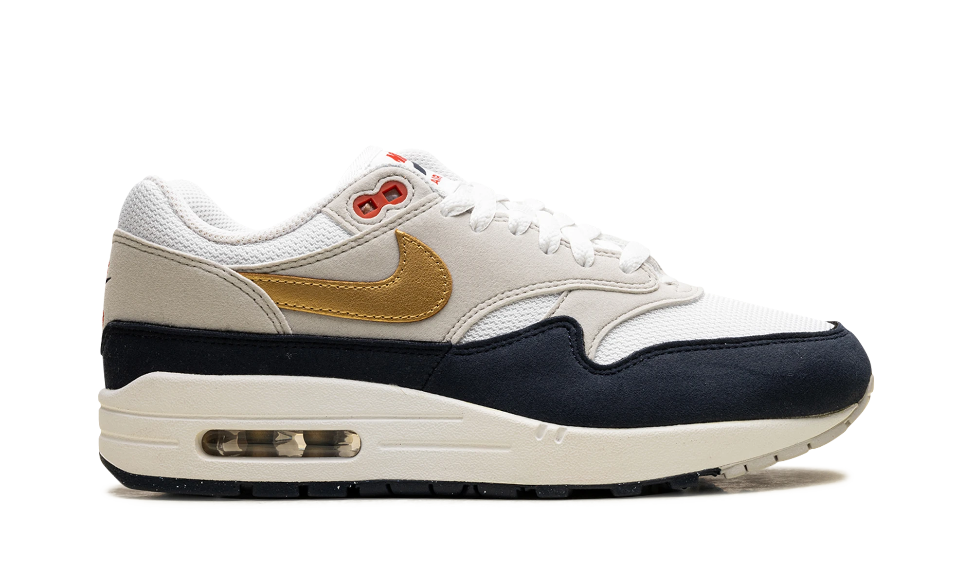Basket Nike Air Max 1 Olympic en mesh noir, blanc et gris, disponible en France, Suisse, Belgique et Luxembourg — vue de profil extérieur.