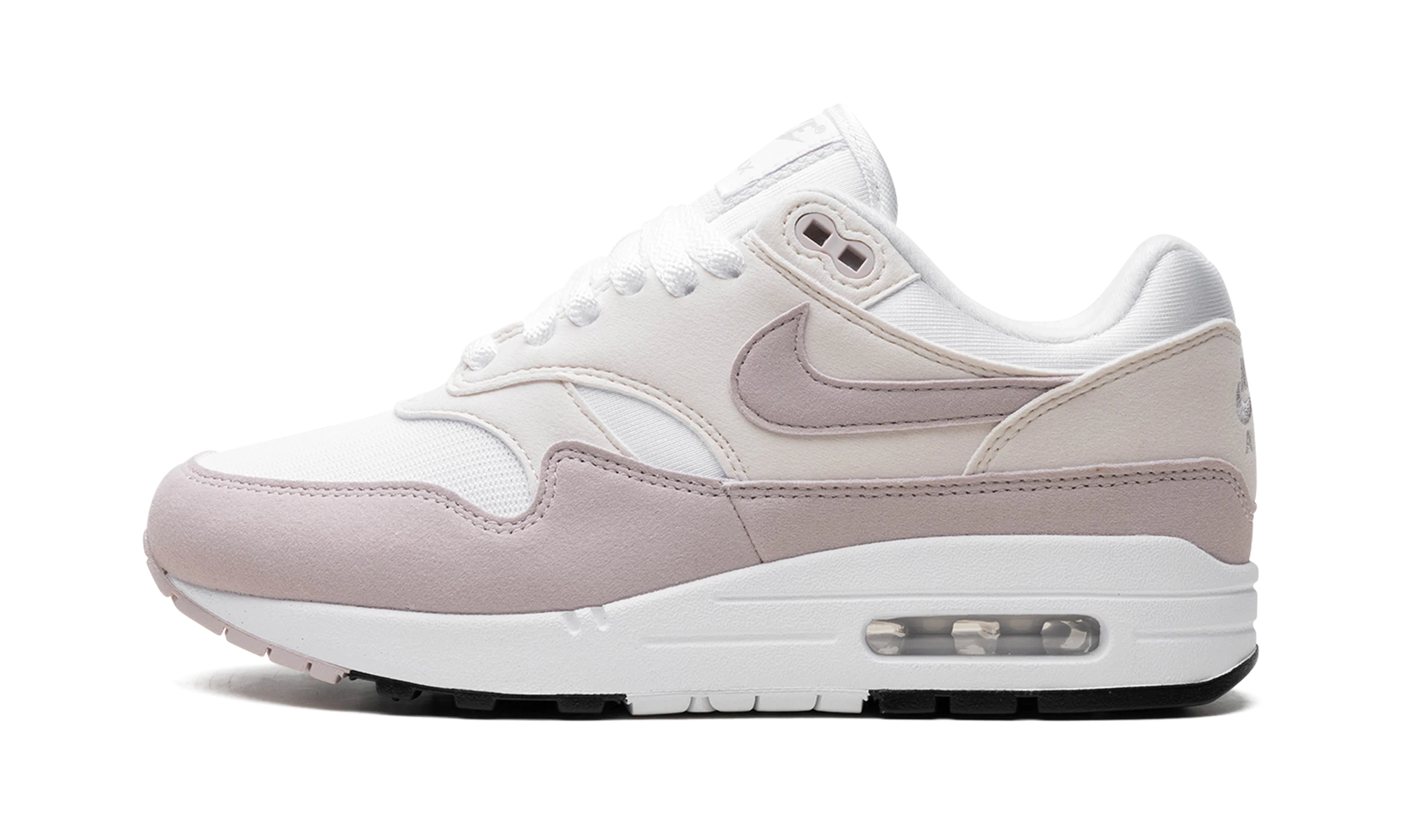 Détail du côté intérieur de la basket Nike Air Max 1 Platinum Violet blanc, violet et noir.