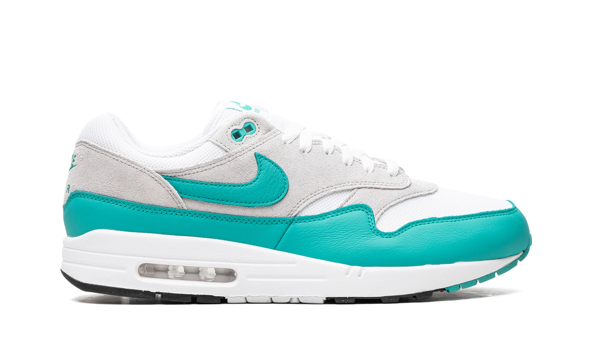 Basket Nike Air Max 1 SC Clear Jade en cuir gris, blanc et noir, disponible en France, Suisse, Belgique et Luxembourg — vue de profil extérieur.