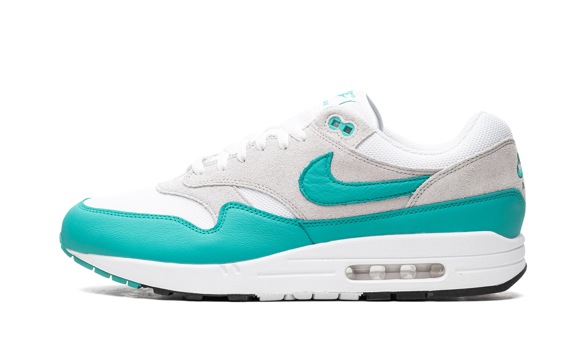 Détail du côté intérieur de la basket Nike Air Max 1 SC Clear Jade gris, blanc et noir.