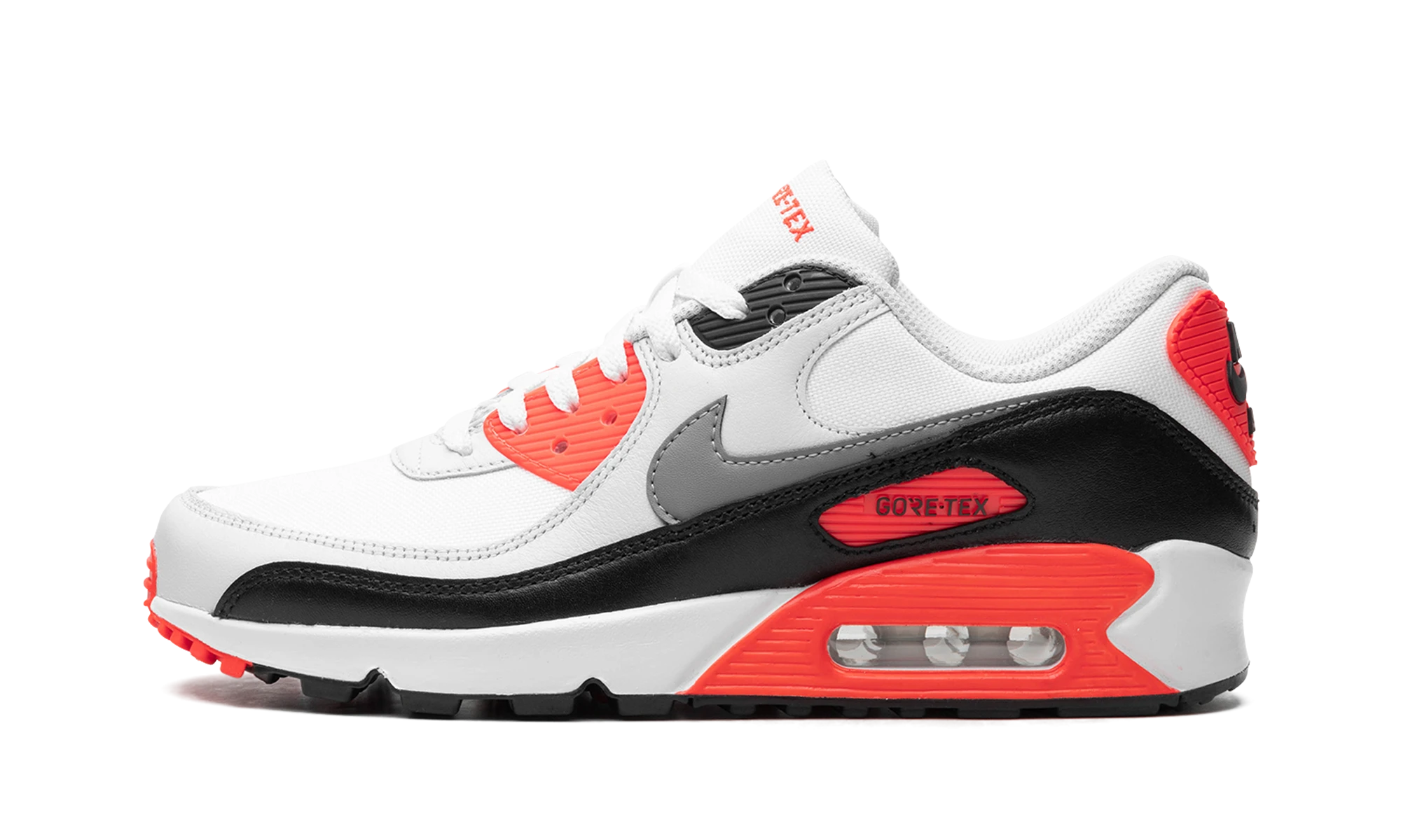 Détail du côté intérieur de la basket Nike Air Max 90 Gore-Tex Infrared blanc, gris et rouge.