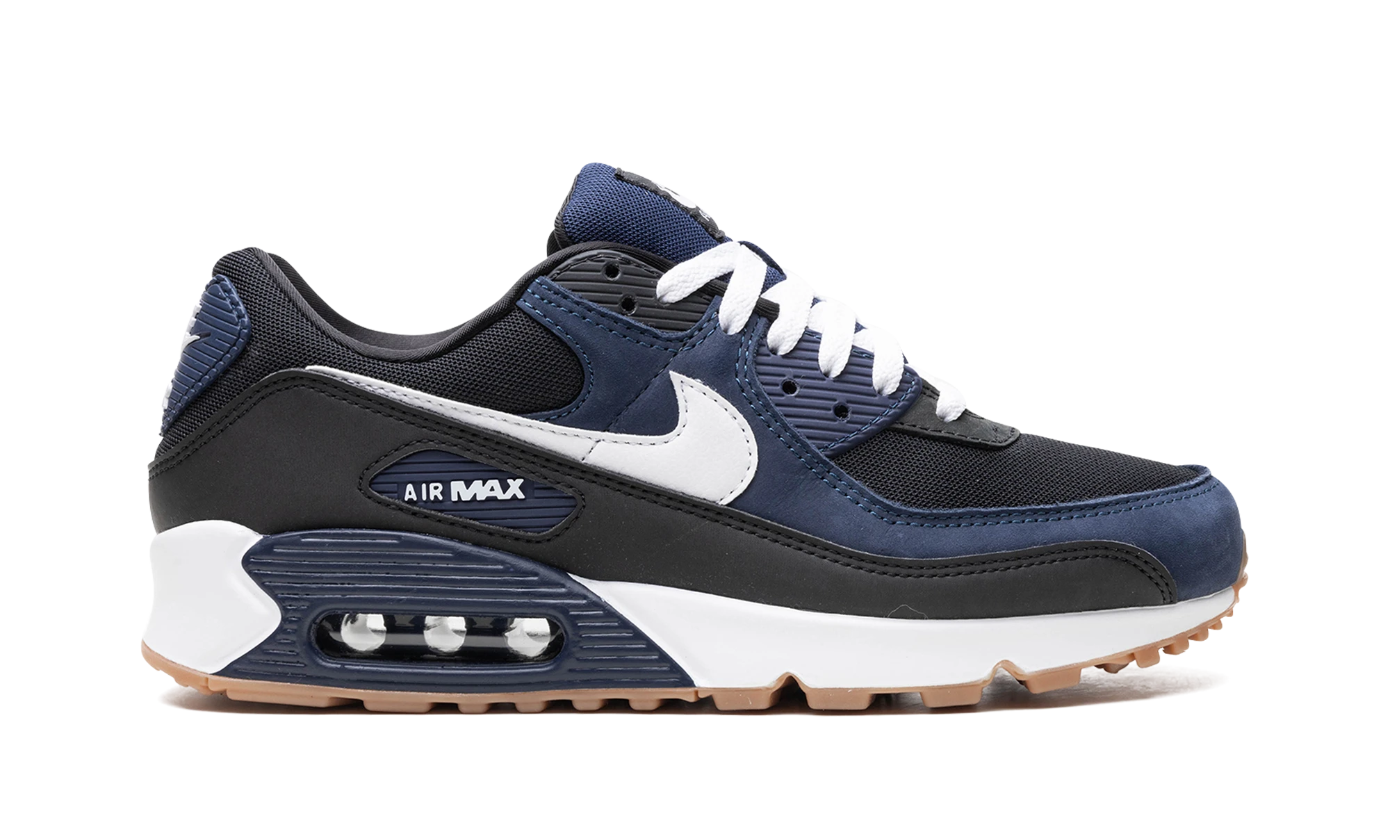 Basket Nike Air Max 90 Midnight Navy Gum en cuir bleu, noir et marron, disponible en France, Suisse, Belgique et Luxembourg — vue de profil extérieur.