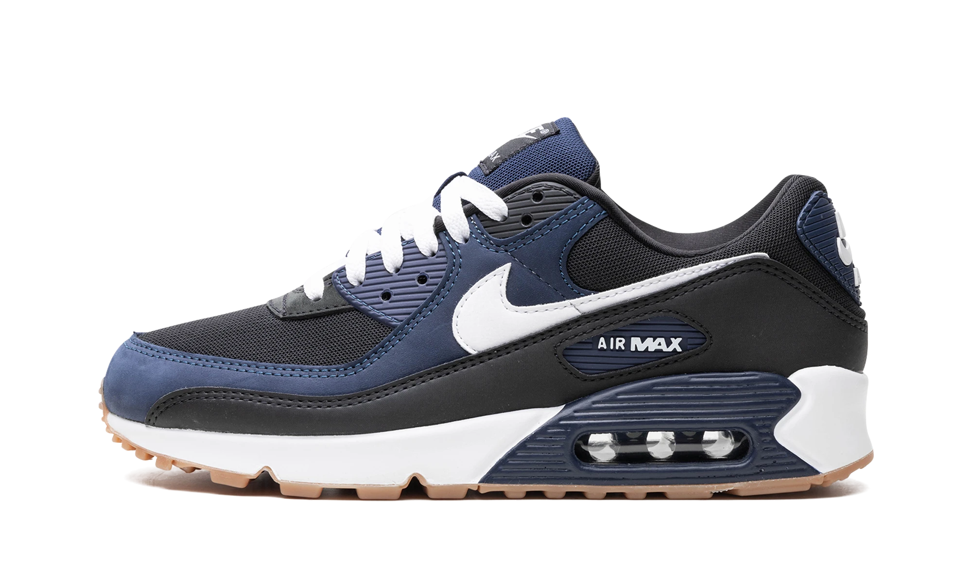 Détail du côté intérieur de la basket Nike Air Max 90 Midnight Navy Gum bleu, noir et marron.