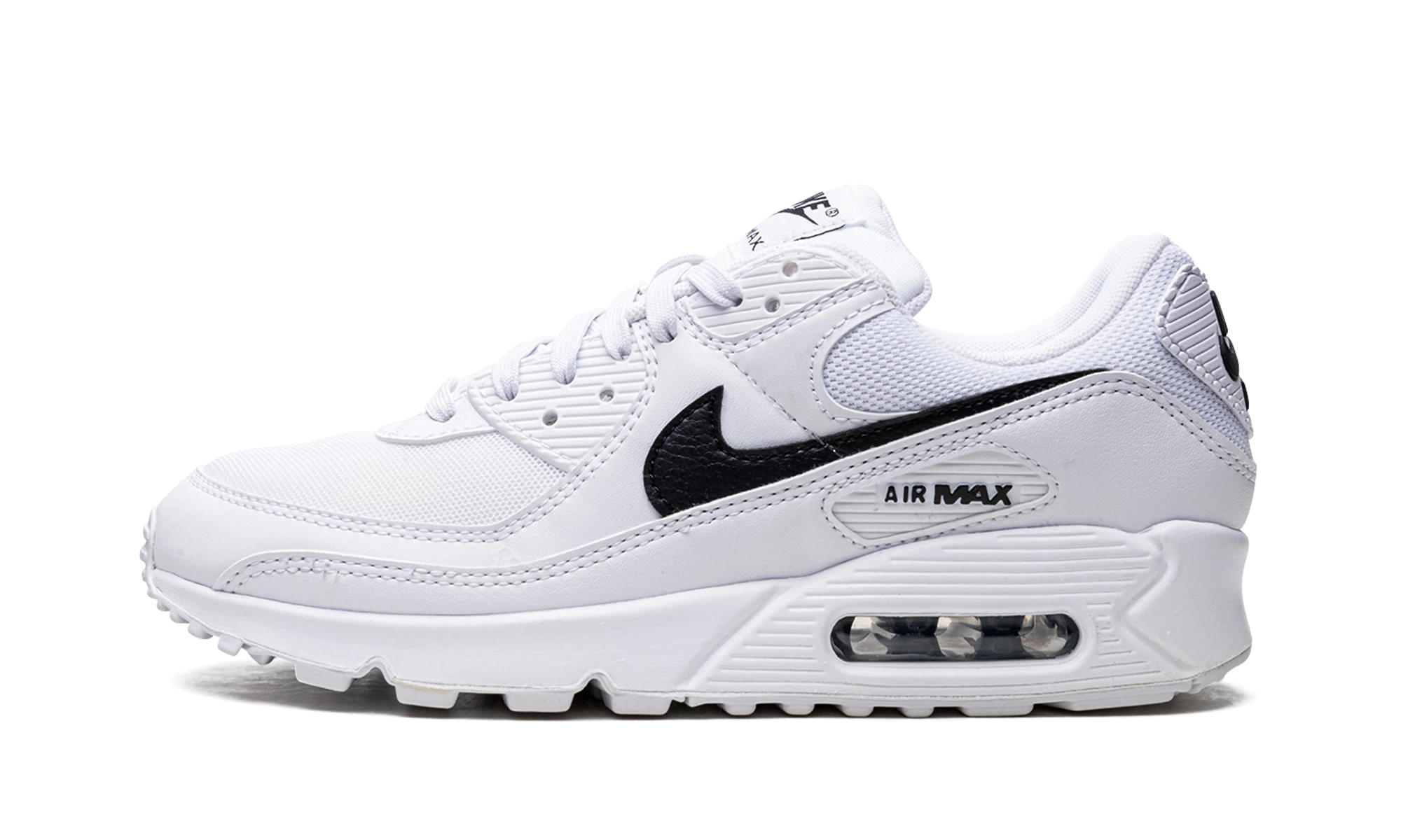 Détail du côté intérieur de la basket Nike Air Max 90 Next Nature White Black blanc et noir.