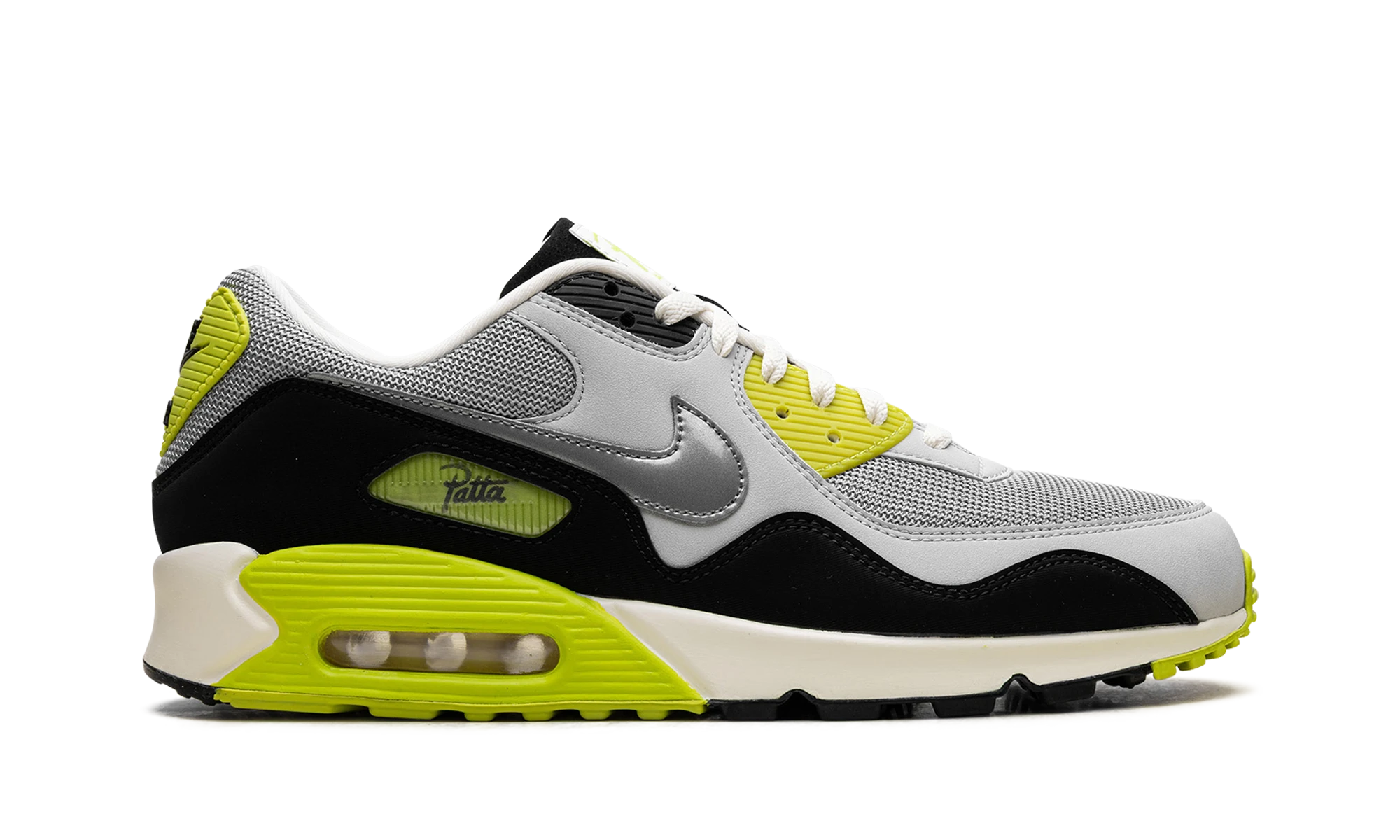 Basket Nike Air Max 90 SP Patta Waves Cyber en cuir gris, noir et blanc, disponible en France, Suisse, Belgique et Luxembourg — vue de profil extérieur.