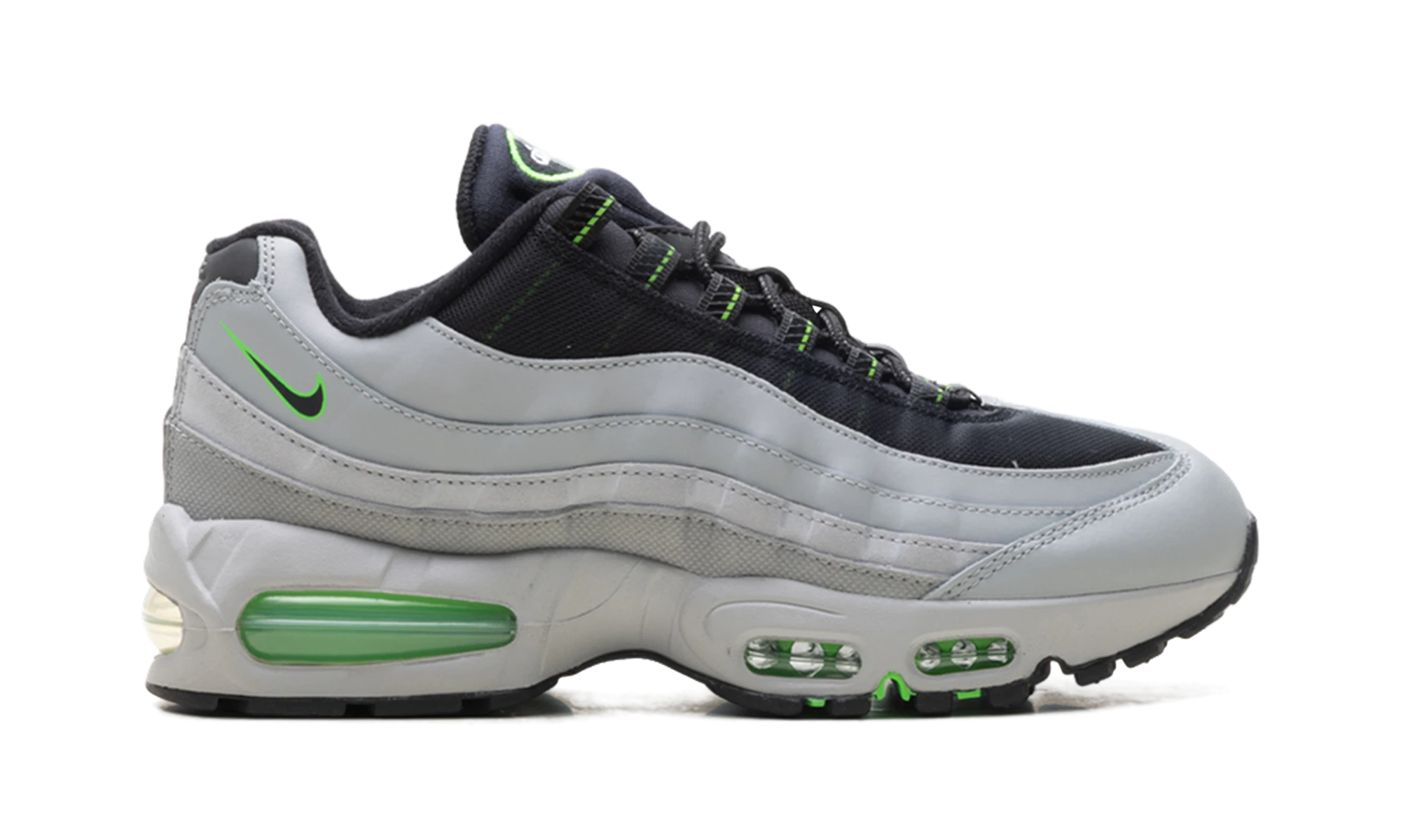 Basket Nike Air Max 95 Racing Pack Light Smoke Green Strike en cuir gris, vert et blanc, disponible en France, Suisse, Belgique et Luxembourg — vue de profil extérieur.