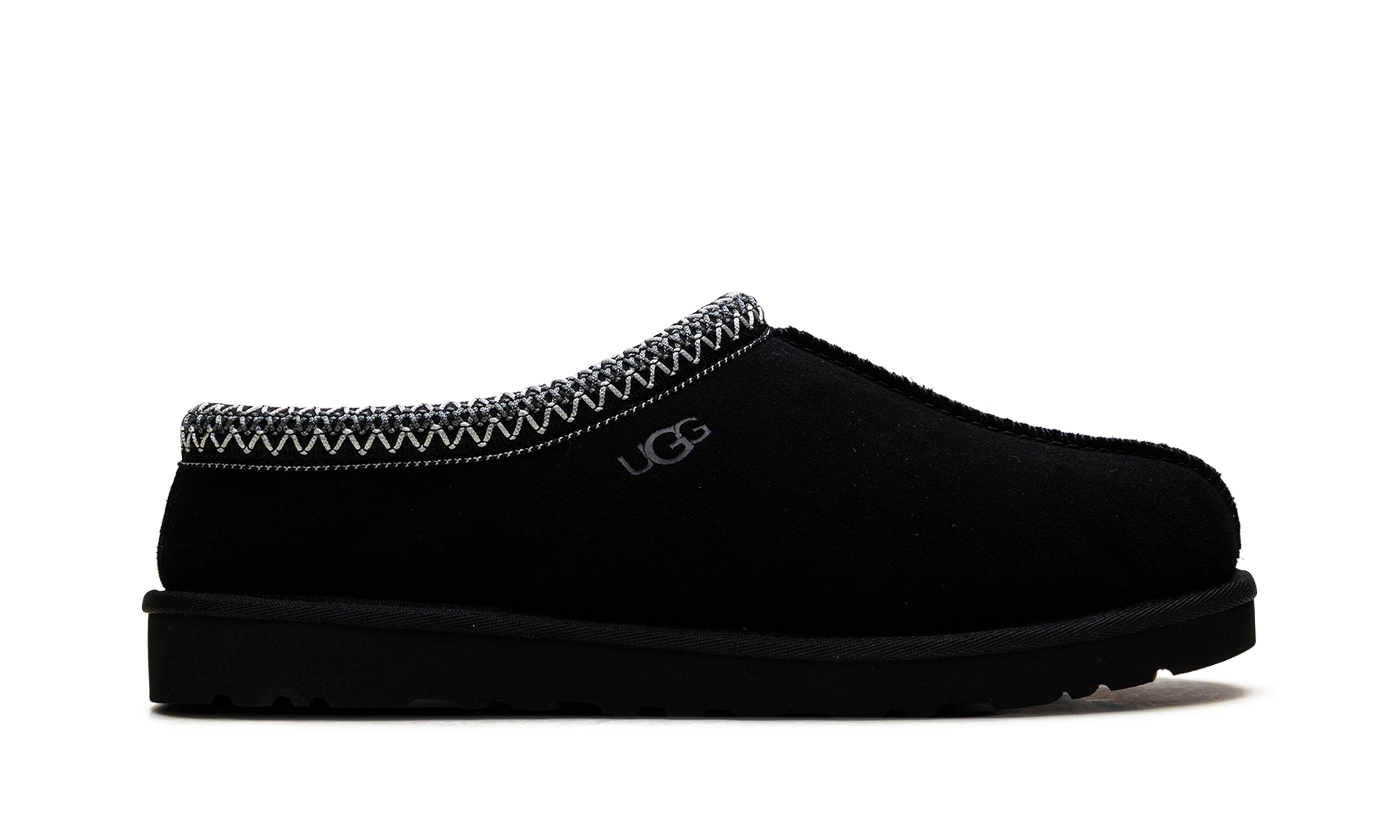Pantoufle UGG Tasman II Slipper Black en cuir noir, disponible en France, Suisse, Belgique et Luxembourg — vue de profil extérieur.