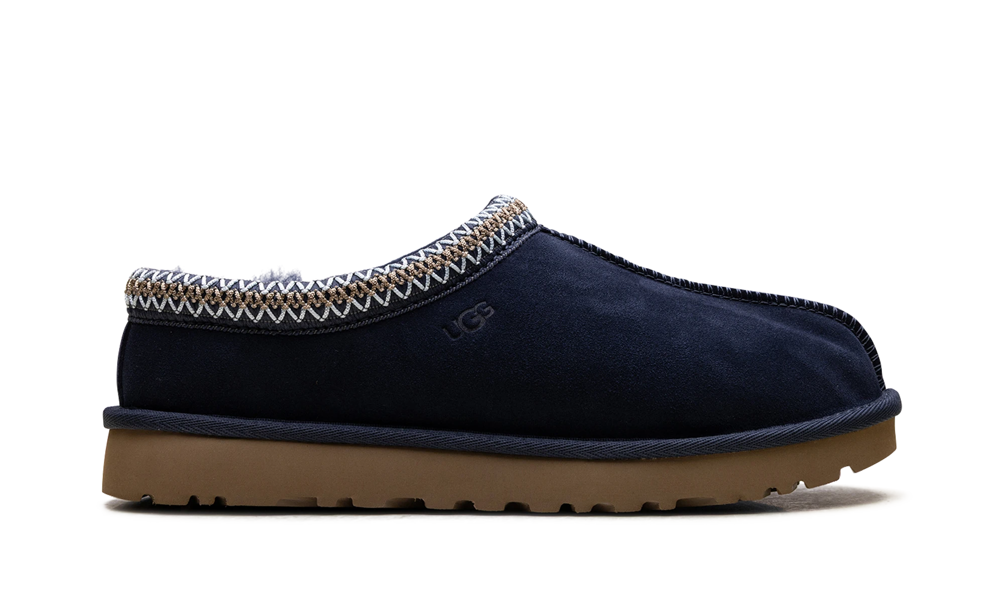 Pantoufle UGG Tasman II Slipper Dark Indigo en denim noir et bleu, disponible en France, Suisse, Belgique et Luxembourg — vue de profil extérieur.