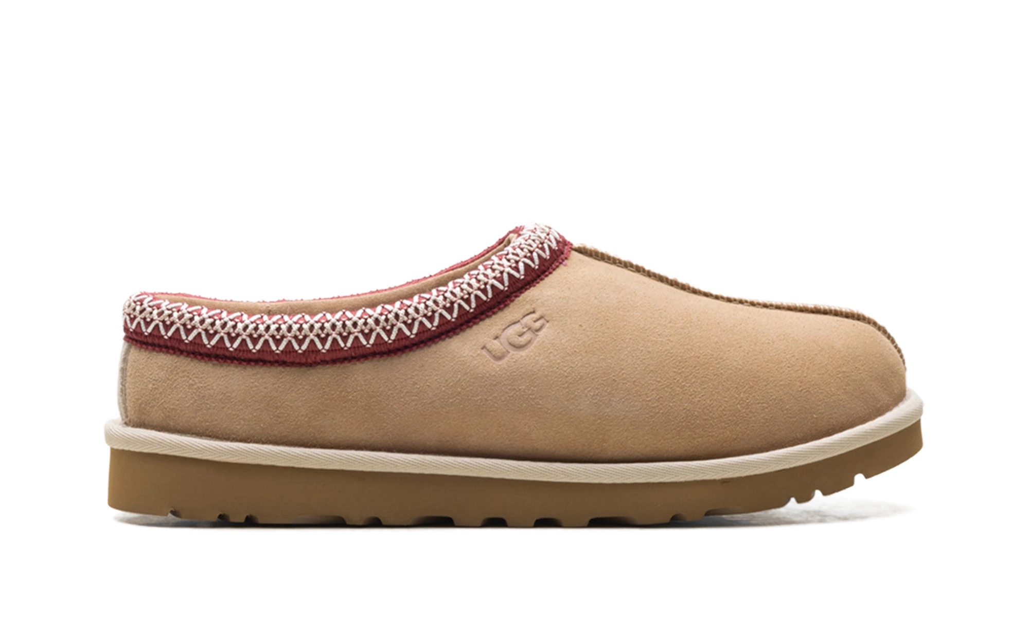 Pantoufle UGG Tasman II Slipper Driftwood Biking Red en cuir rouge, disponible en France, Suisse, Belgique et Luxembourg — vue de profil extérieur.