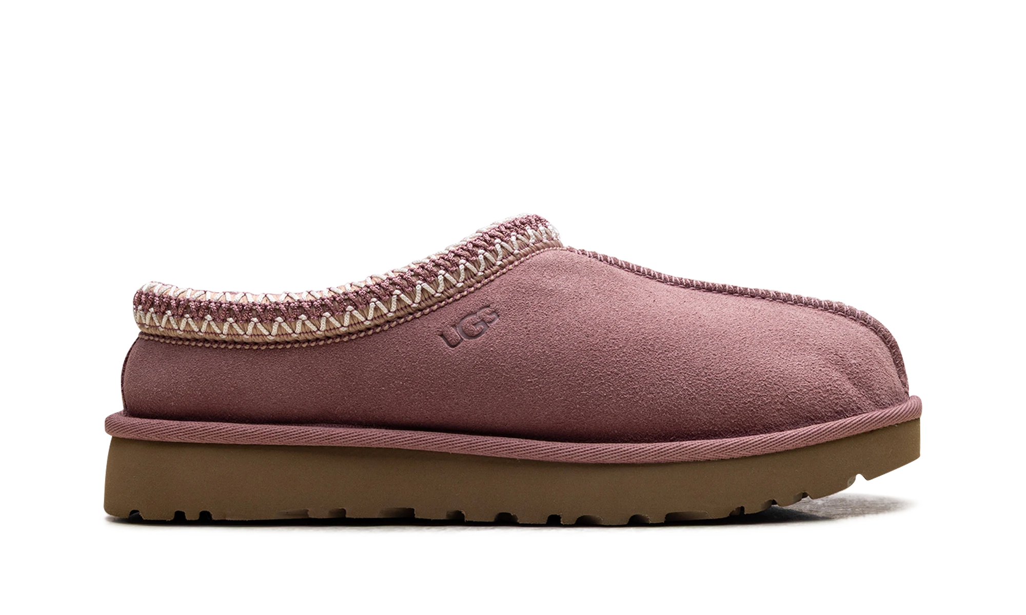 Pantoufle UGG Tasman II Slipper Pink Dawn en cuir rose, disponible en France, Suisse, Belgique et Luxembourg — vue de profil extérieur.