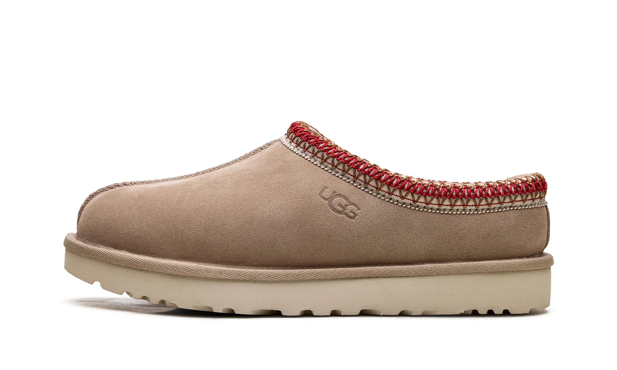 Détail du côté intérieur de la pantoufle UGG Tasman II Slipper Sand Dark Cherry beige et noir.
