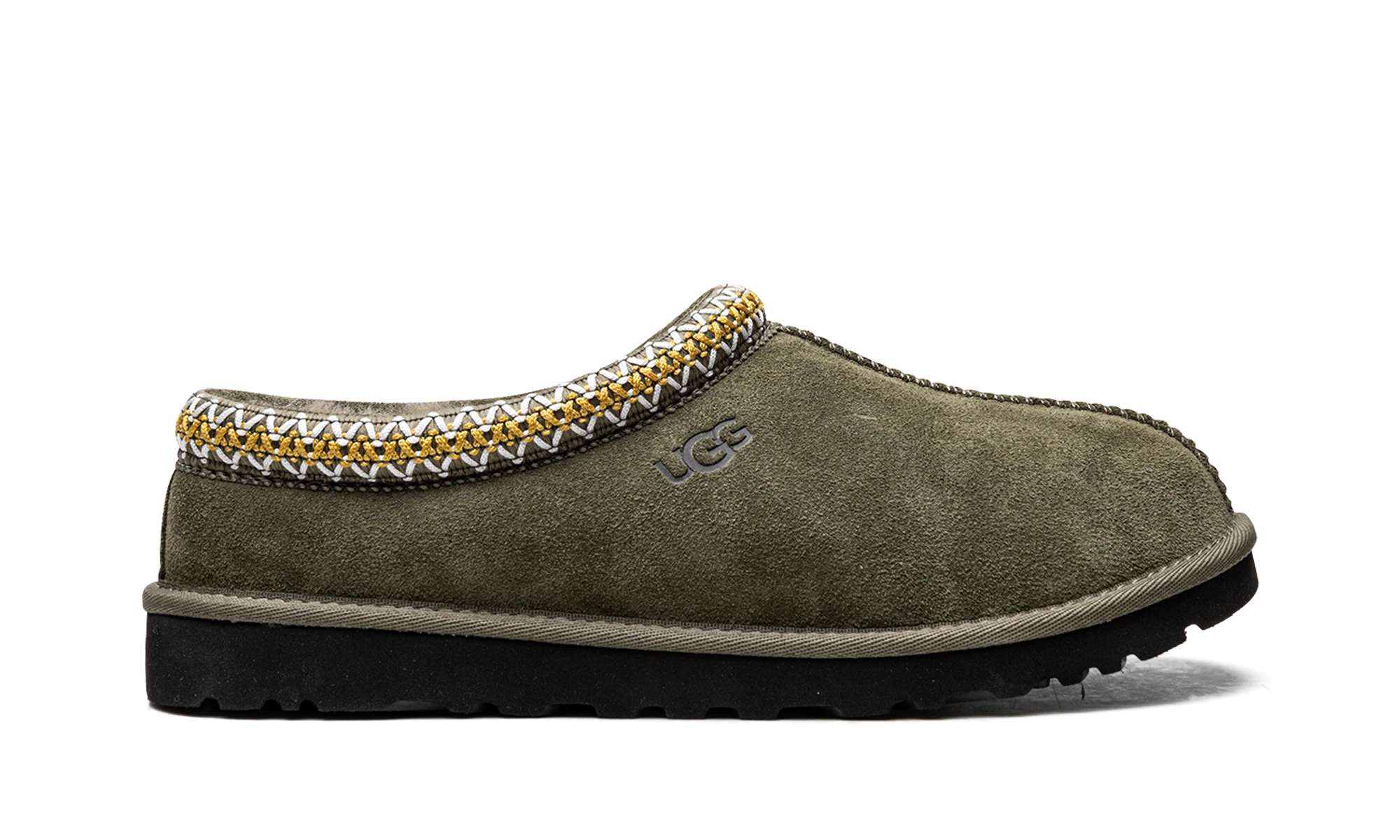 Pantoufle UGG Tasman Slipper Burnt Olive en daim vert, disponible en France, Suisse, Belgique et Luxembourg — vue de profil extérieur.