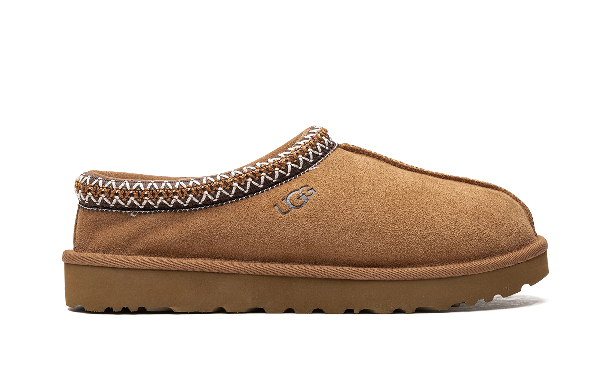 Pantoufle UGG Tasman Slipper Chestnut en cuir marron, disponible en France, Suisse, Belgique et Luxembourg — vue de profil extérieur.