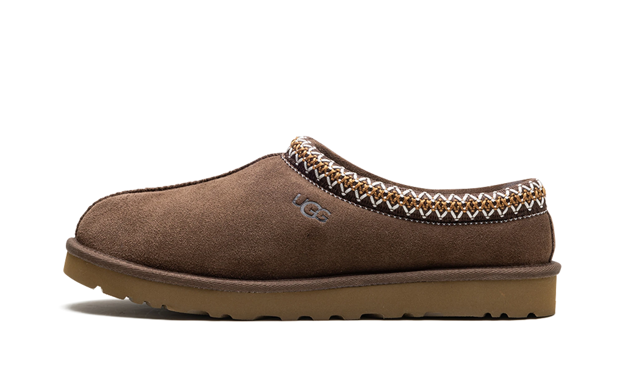 Détail du côté intérieur de la pantoufle UGG Tasman Slipper Chocolate marron.