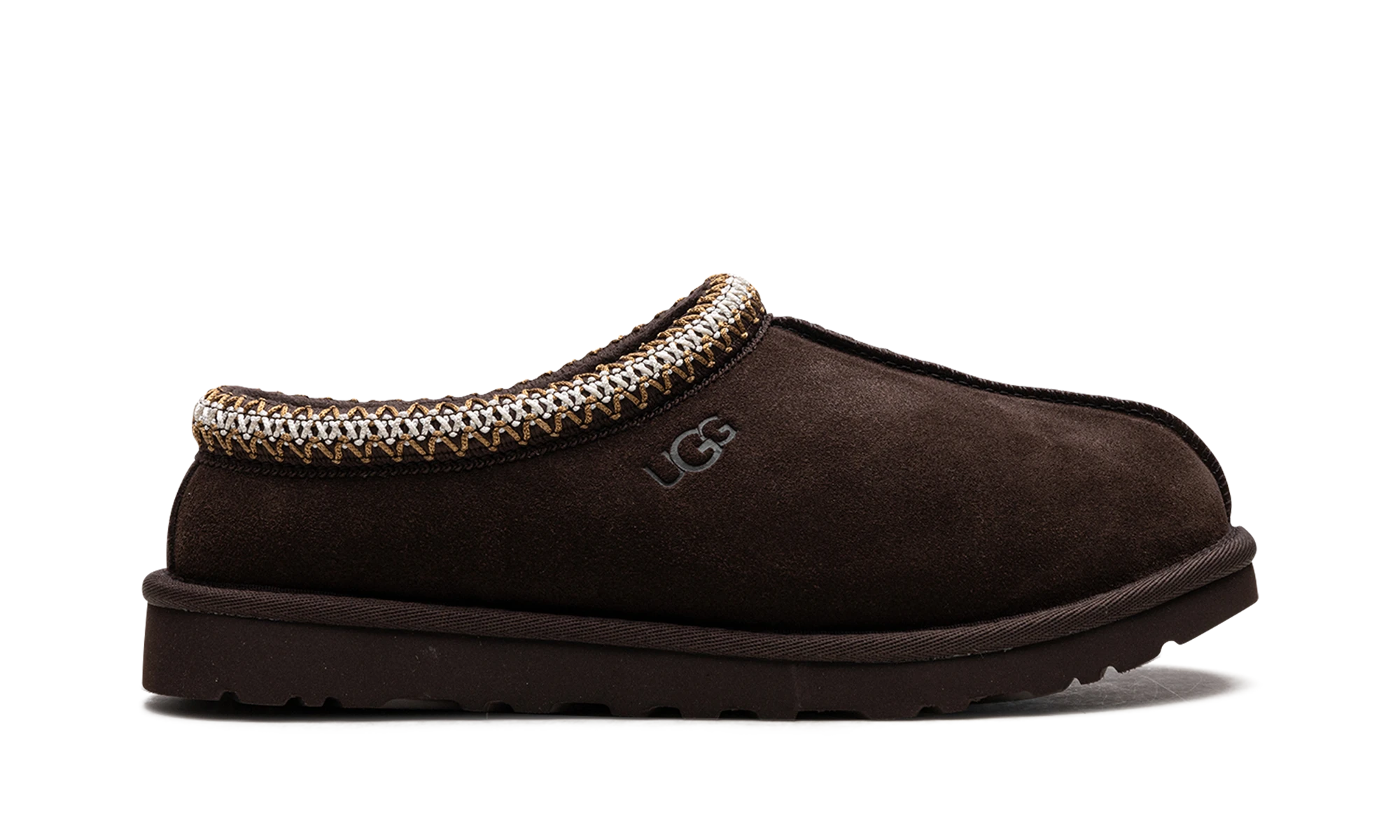 Pantoufle UGG Tasman Slipper Dusted Cocoa en daim, disponible en France, Suisse, Belgique et Luxembourg — vue de profil extérieur.