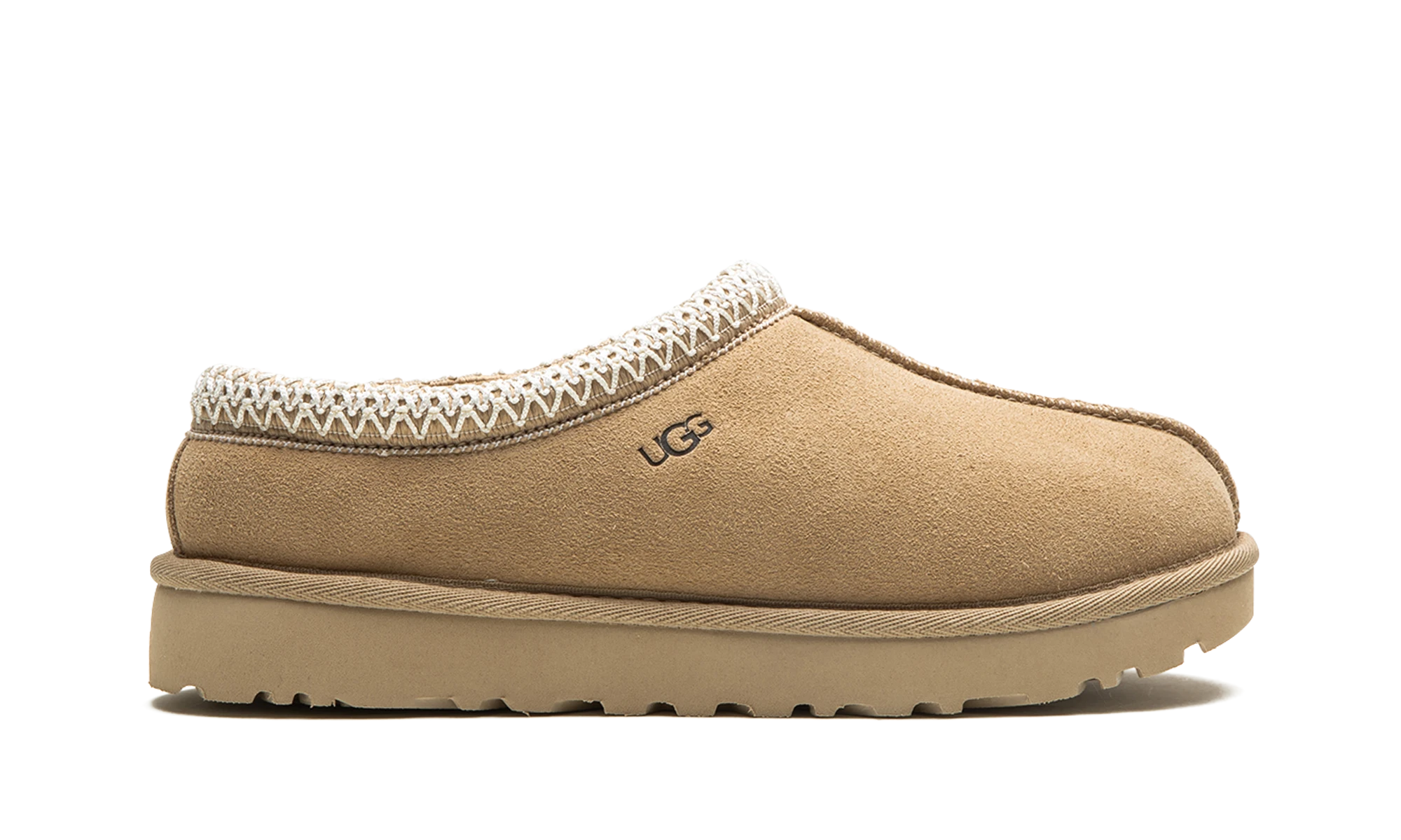 Pantoufle UGG Tasman Slipper Mustard Seed en daim jaune et blanc, disponible en France, Suisse, Belgique et Luxembourg — vue de profil extérieur.