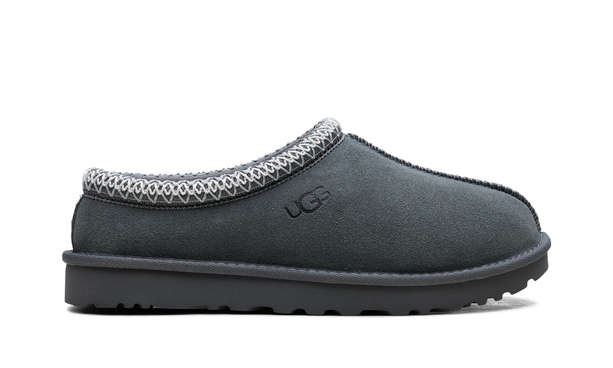 Pantoufle UGG Tasman Slipper Rainstorm en daim, disponible en France, Suisse, Belgique et Luxembourg — vue de profil extérieur.
