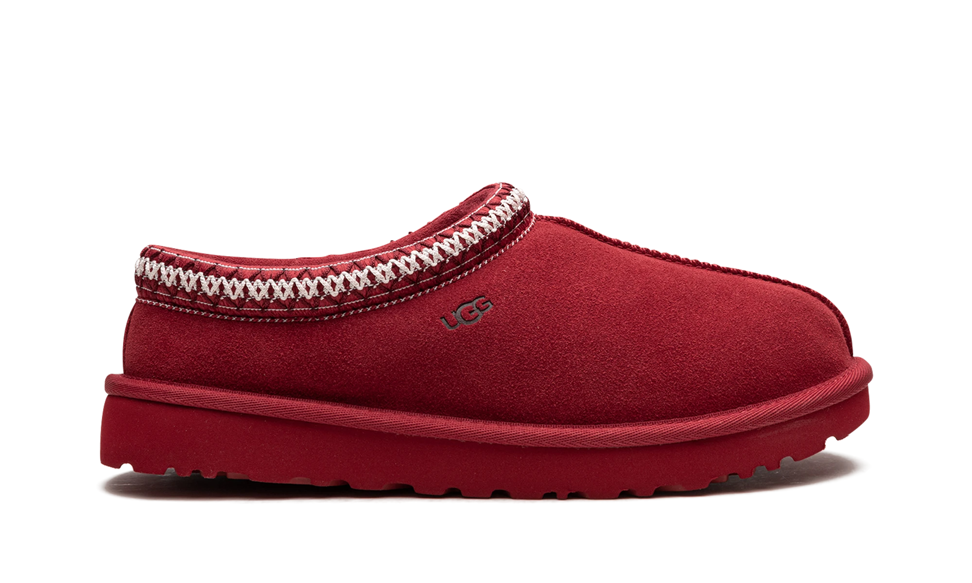 Pantoufle UGG Tasman Slipper Samba Red en daim rouge, disponible en France, Suisse, Belgique et Luxembourg — vue de profil extérieur.