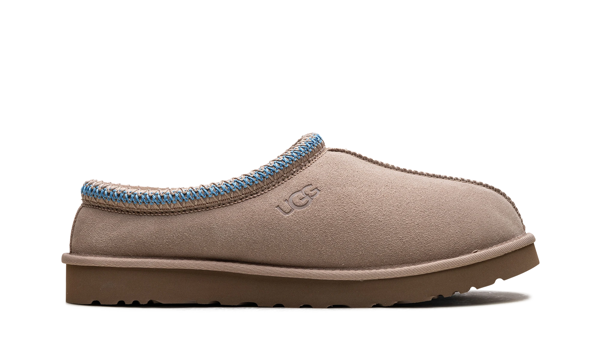 Pantoufle UGG Tasman Slipper Santorini Sand en daim beige, disponible en France, Suisse, Belgique et Luxembourg — vue de profil extérieur.
