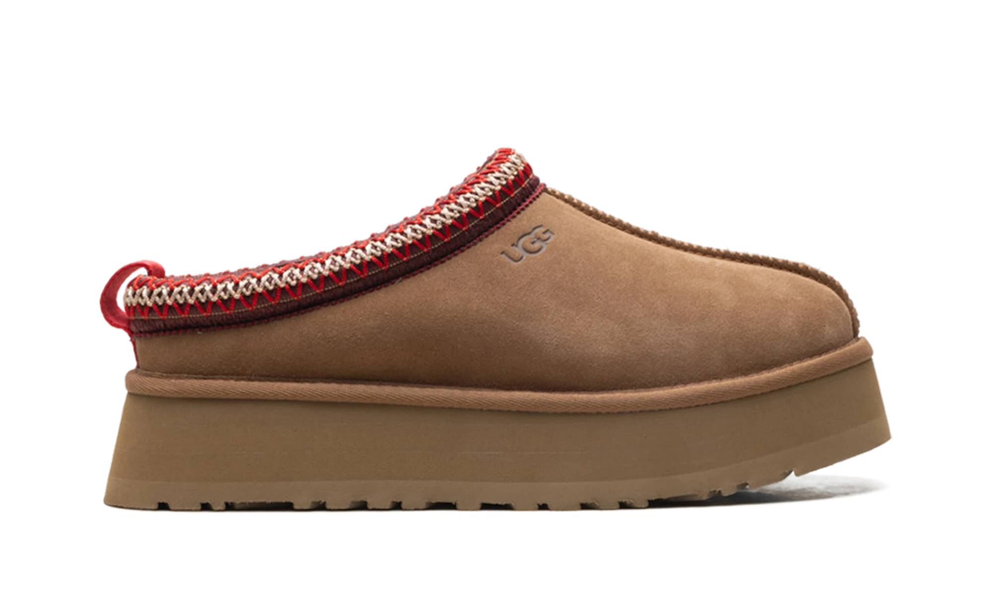 Pantoufle UGG Tazz II Slipper Chestnut en daim, disponible en France, Suisse, Belgique et Luxembourg — vue de profil extérieur.