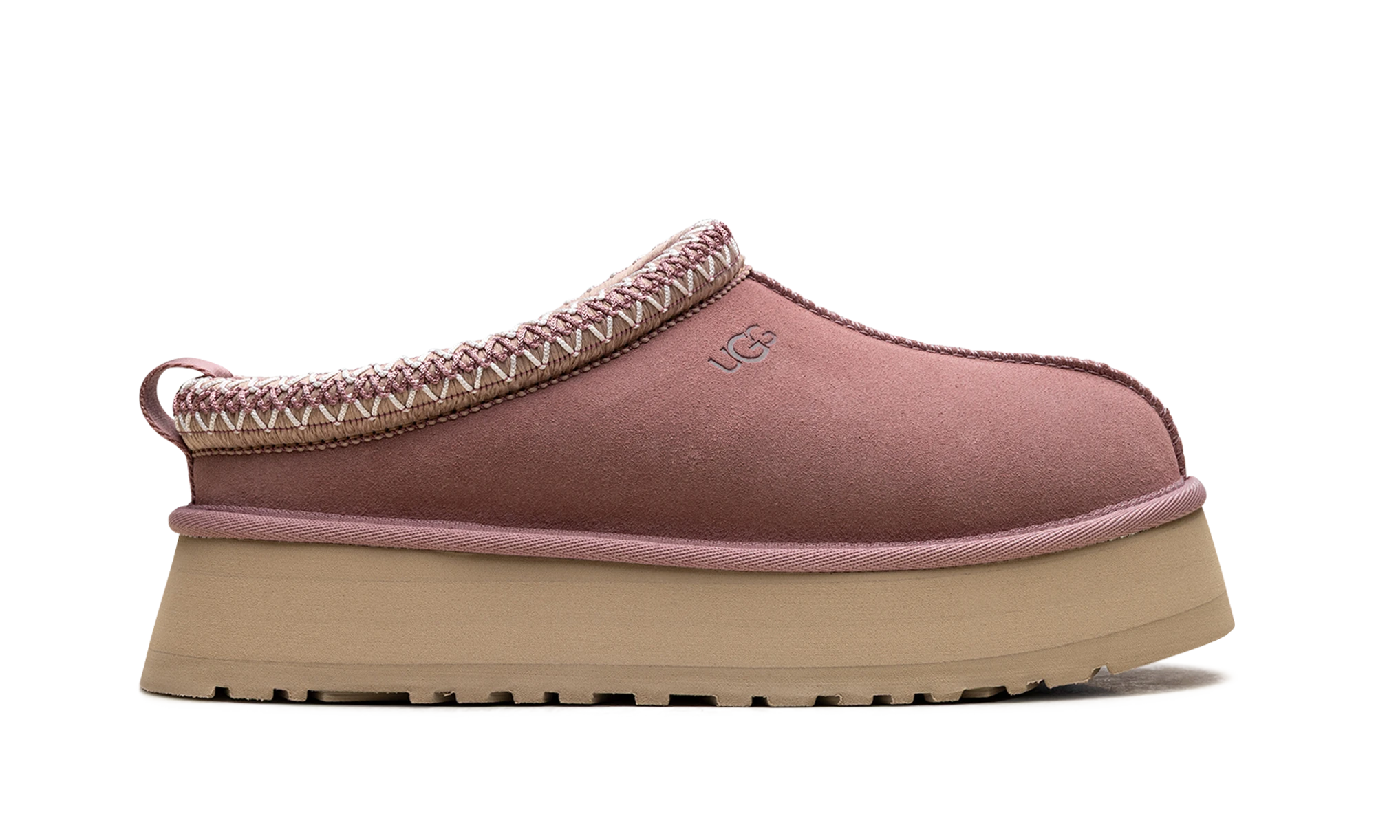 Pantoufle UGG Tazz II Slipper Pink Dawn en cuir rose, disponible en France, Suisse, Belgique et Luxembourg — vue de profil extérieur.