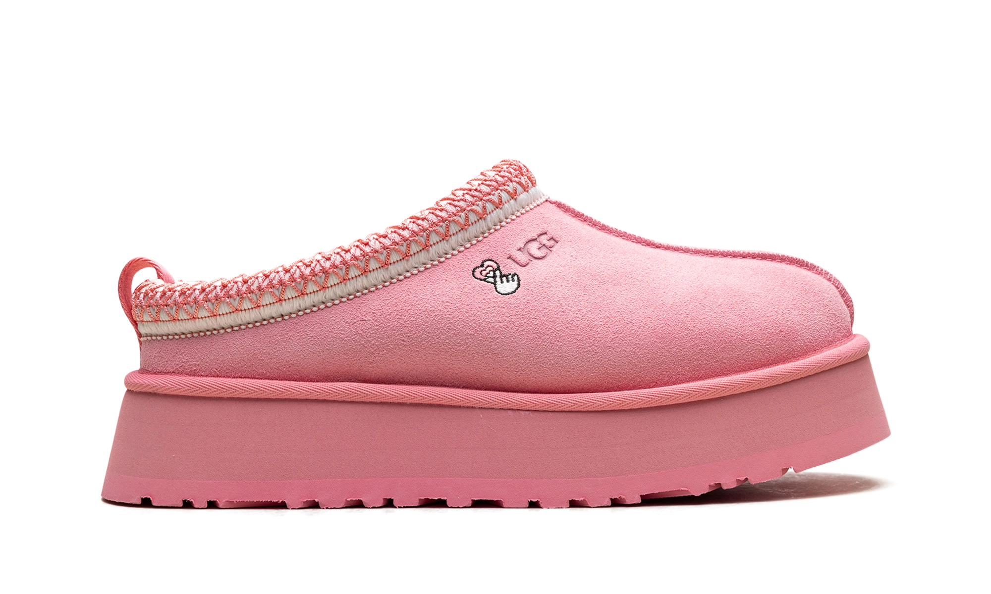 Pantoufle UGG Tazz Love '25 Slipper Tropical Pink en cuir rose, disponible en France, Suisse, Belgique et Luxembourg — vue de profil extérieur.