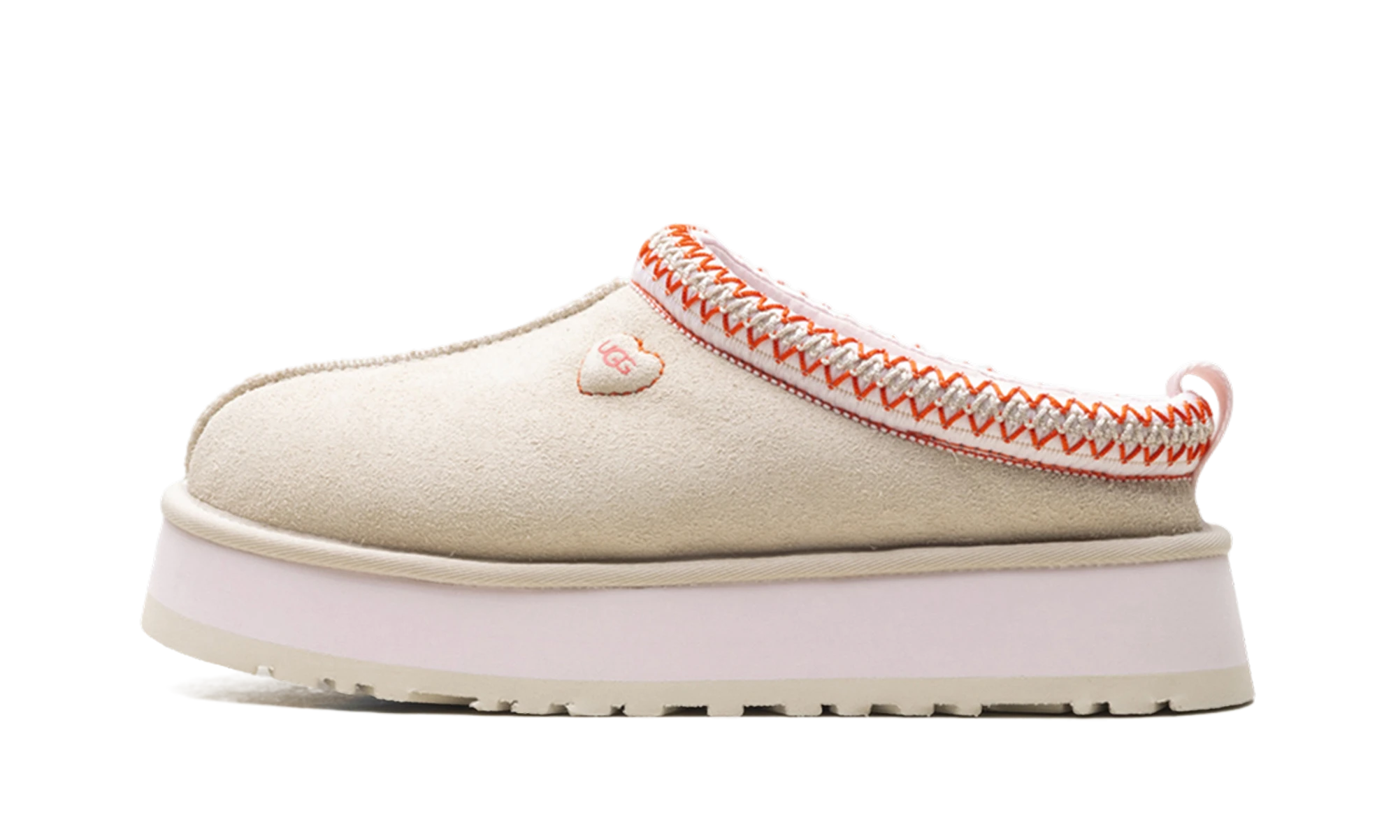 Détail du côté intérieur de la pantoufle UGG Tazz Love '26 Slipper Sea Salt Rosetta blanc.