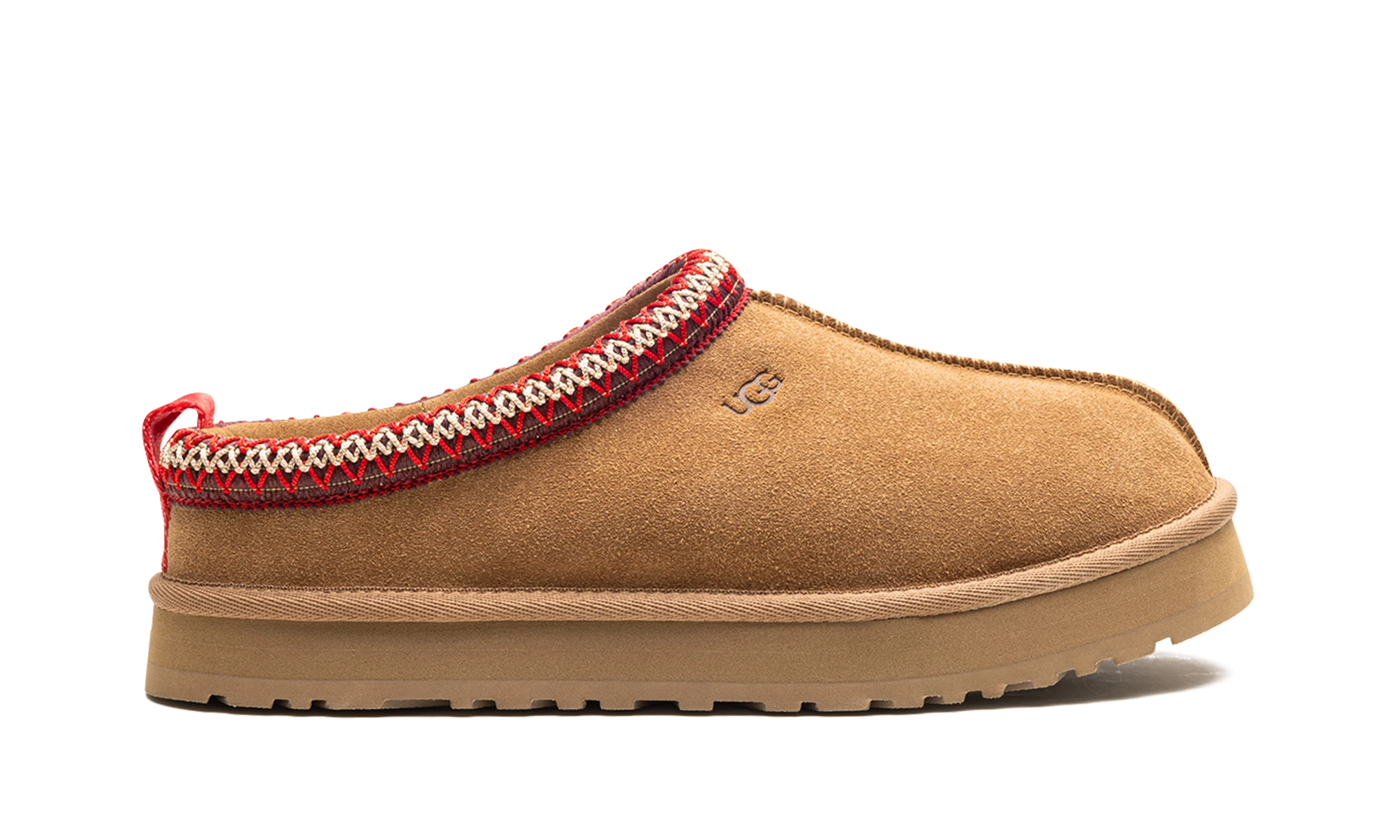 Pantoufle UGG Tazz Slipper Chestnut en daim marron, disponible en France, Suisse, Belgique et Luxembourg — vue de profil extérieur.