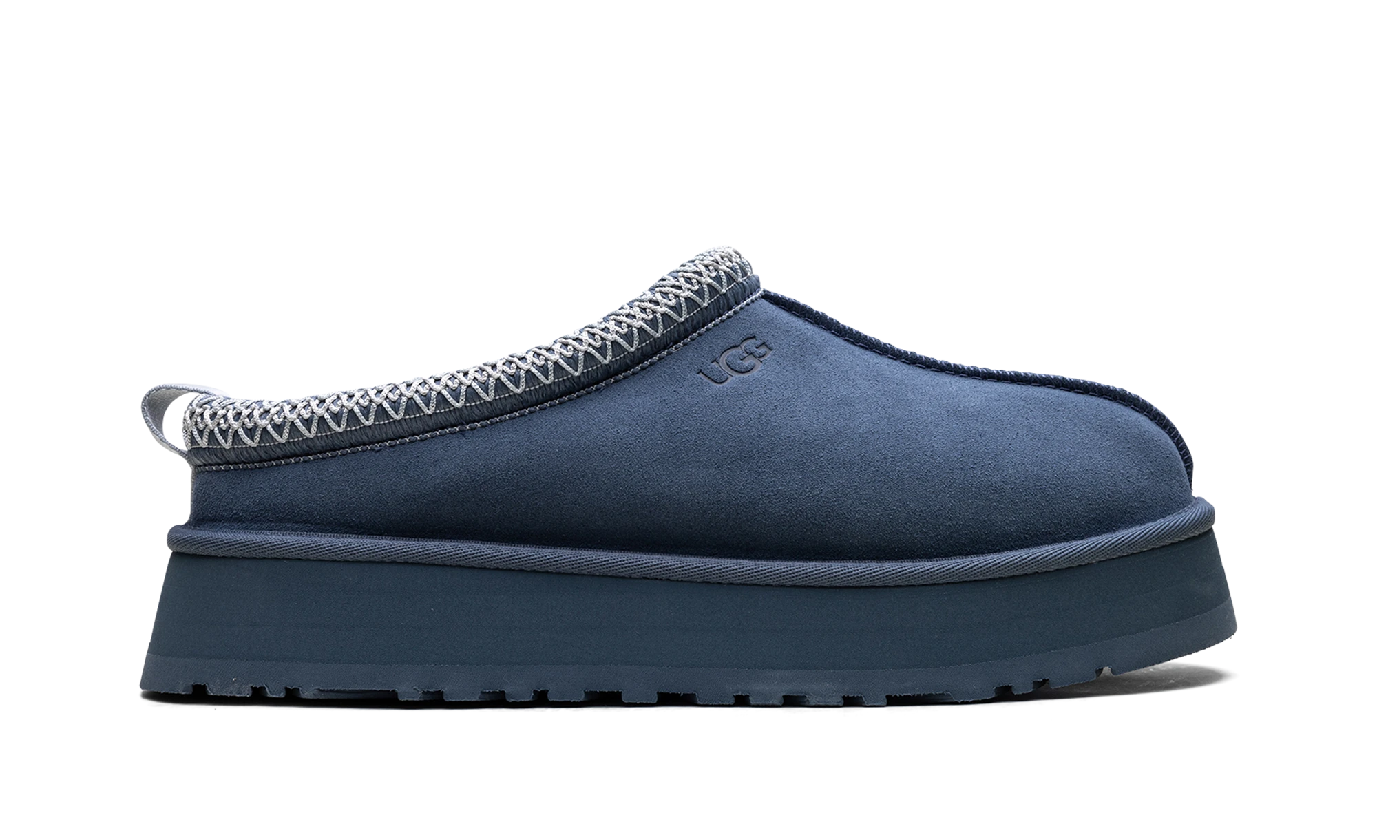 Pantoufle UGG Tazz Slipper Desert Blue en cuir bleu, disponible en France, Suisse, Belgique et Luxembourg — vue de profil extérieur.