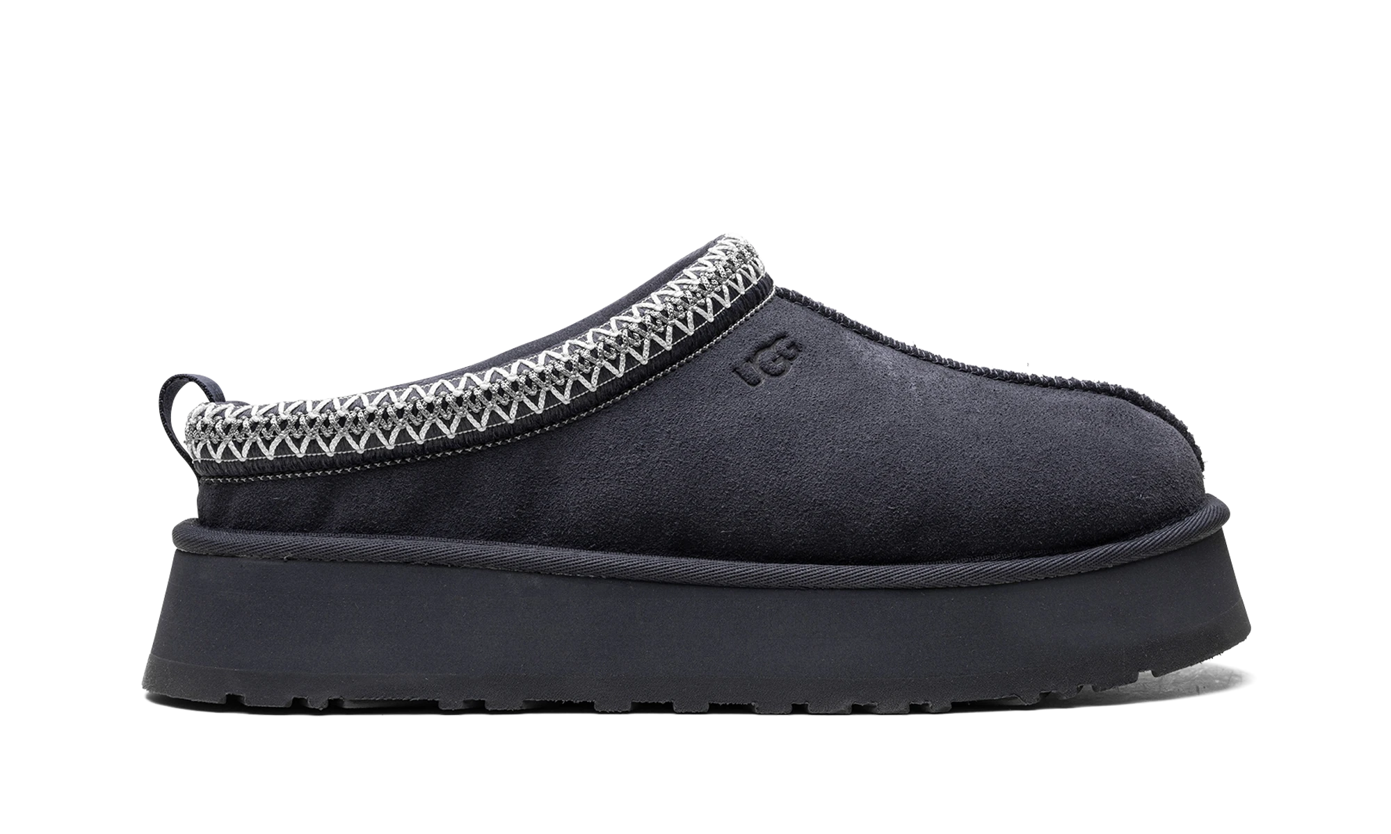 Pantoufle UGG Tazz Slipper Eve Blue en daim bleu, disponible en France, Suisse, Belgique et Luxembourg — vue de profil extérieur.