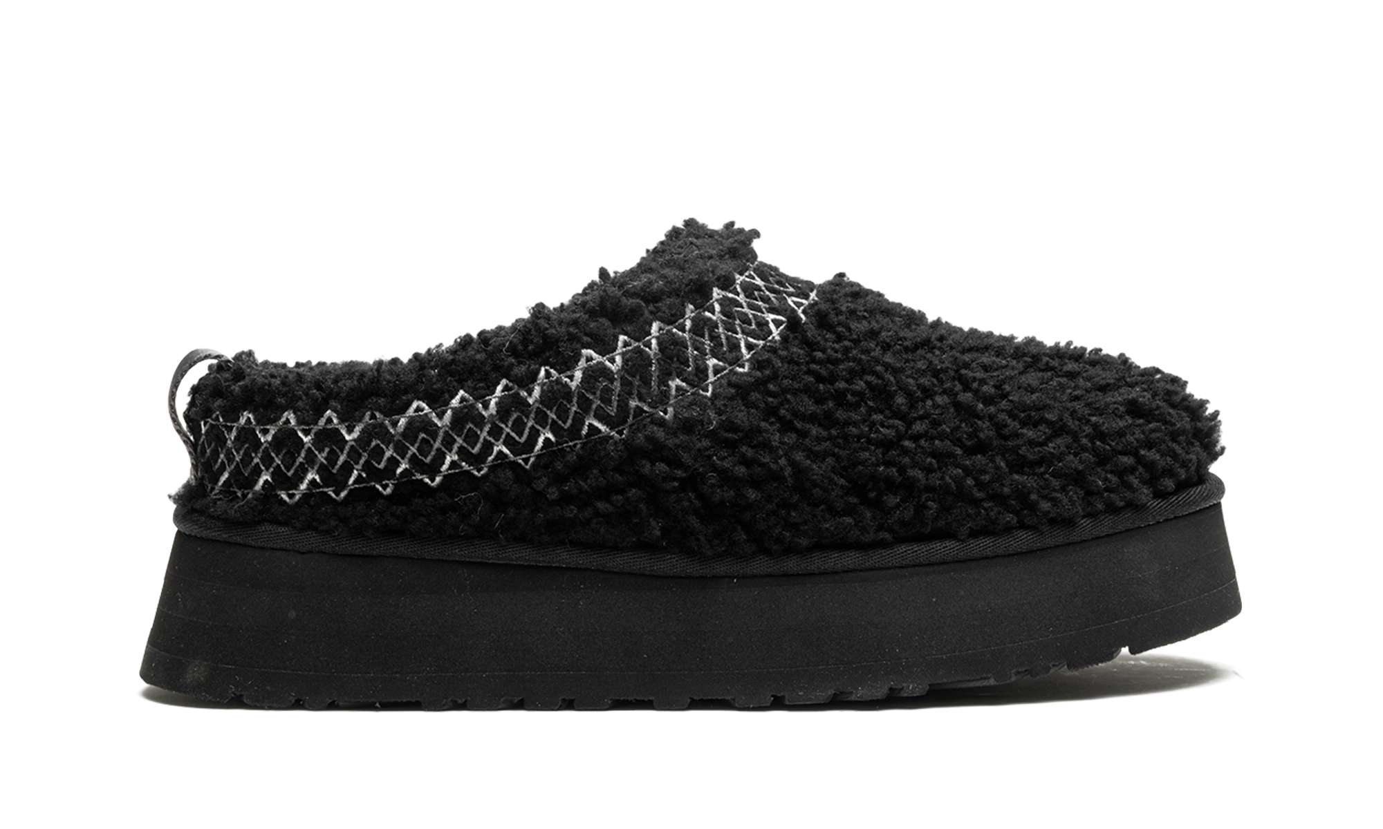 Détail du côté intérieur de la pantoufle UGG Tazz Slipper Heritage Braid Black noir.