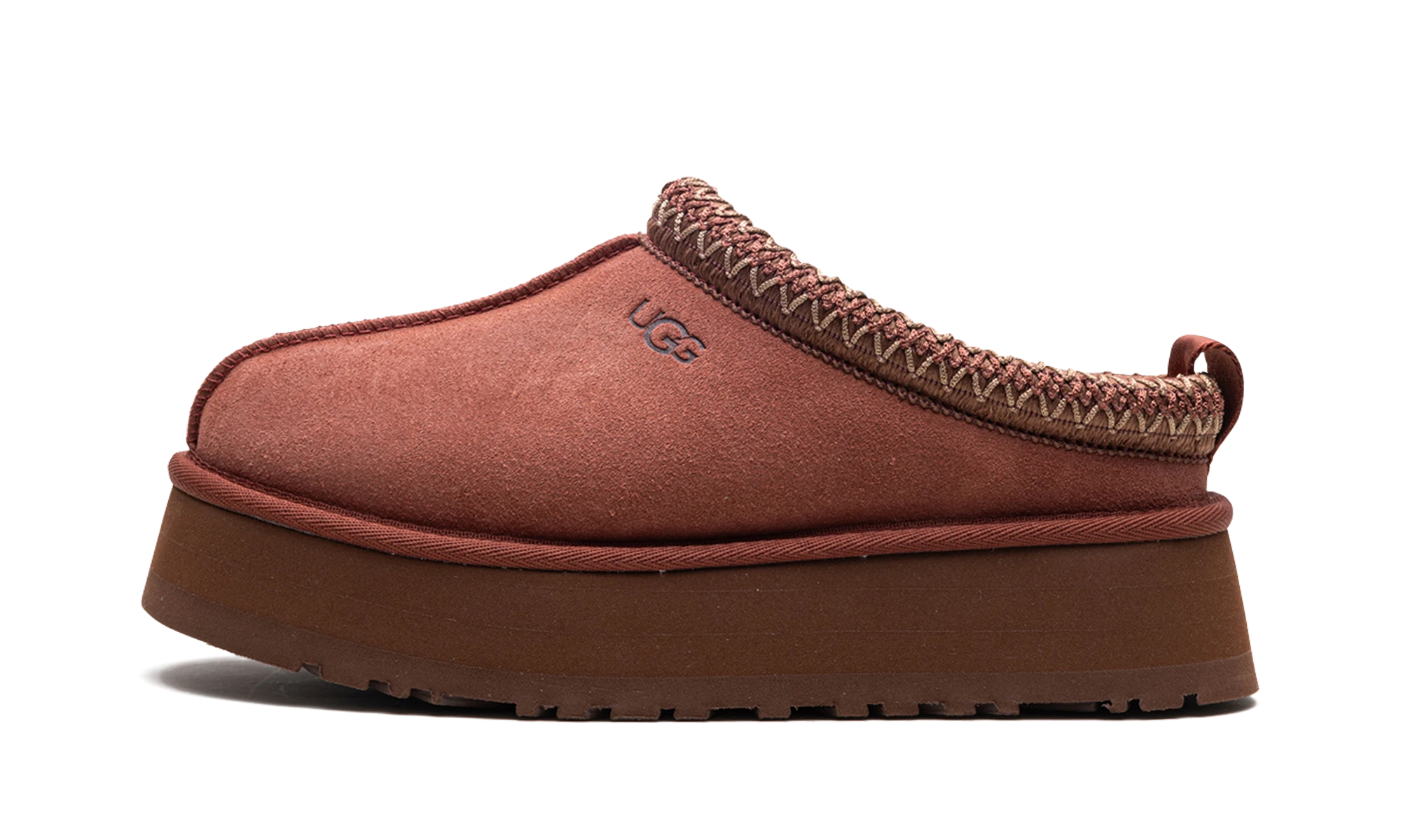Détail du côté intérieur de la pantoufle UGG Tazz Slipper Red Jasper rouge.