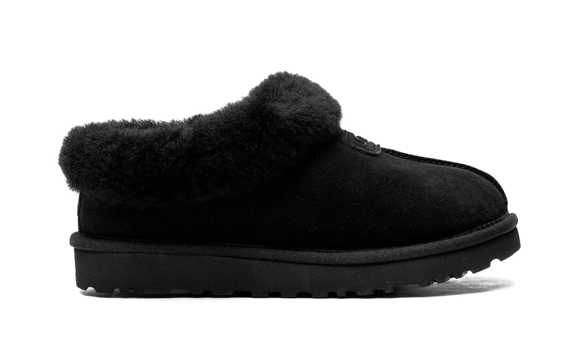 Pantoufle UGG Tazzette Slipper Black en cuir noir, disponible en France, Suisse, Belgique et Luxembourg — vue de profil extérieur.