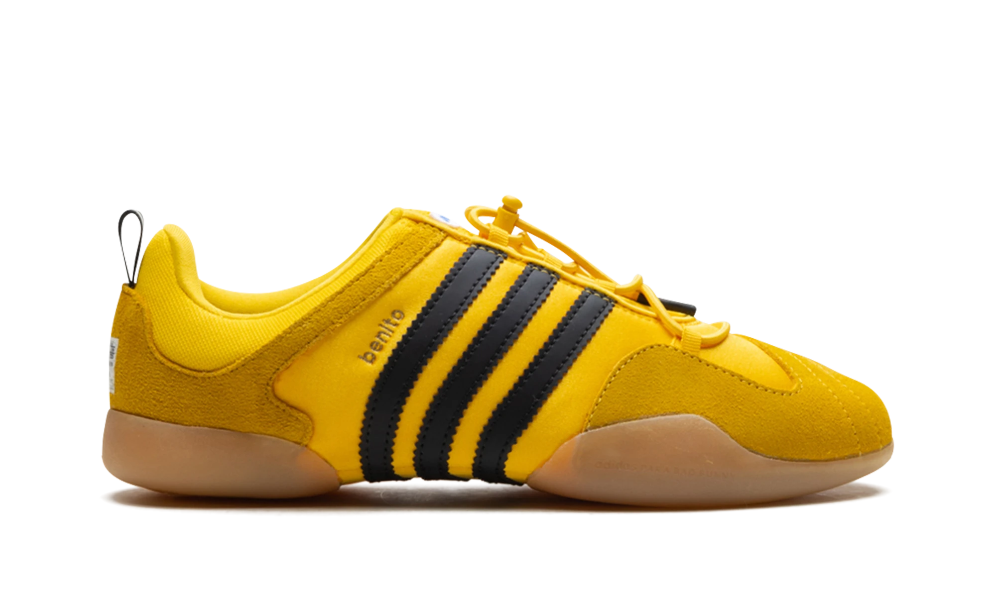 Basket Adidas Ballerina Bad Bunny Bold Gold en caoutchouc or, noir et marron, disponible en France, Suisse, Belgique et Luxembourg — vue de profil extérieur.