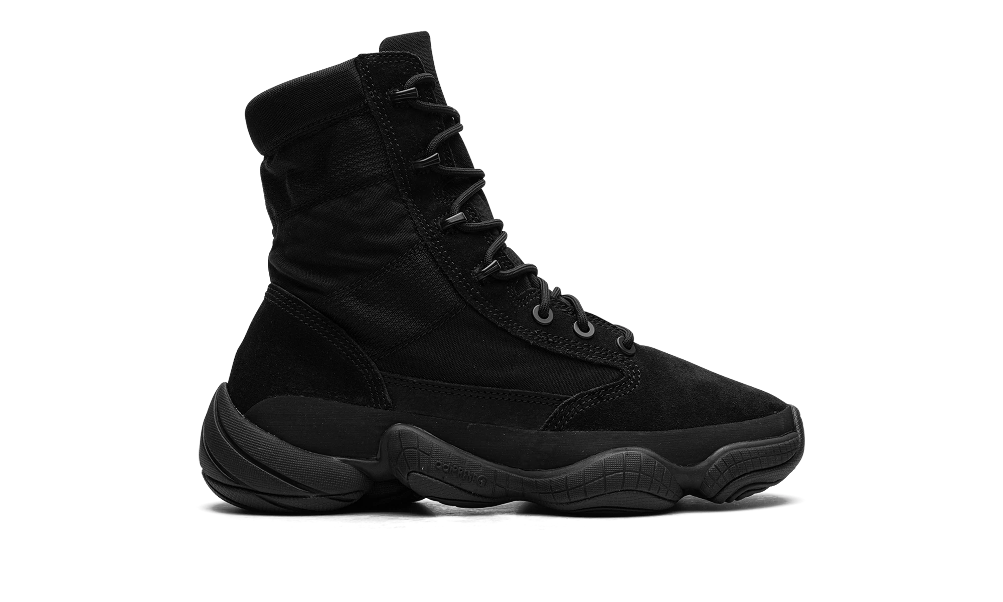 Botte Adidas Yeezy 500 High Tactical Boot Utility Black en cuir noir, disponible en France, Suisse, Belgique et Luxembourg — vue de profil extérieur.