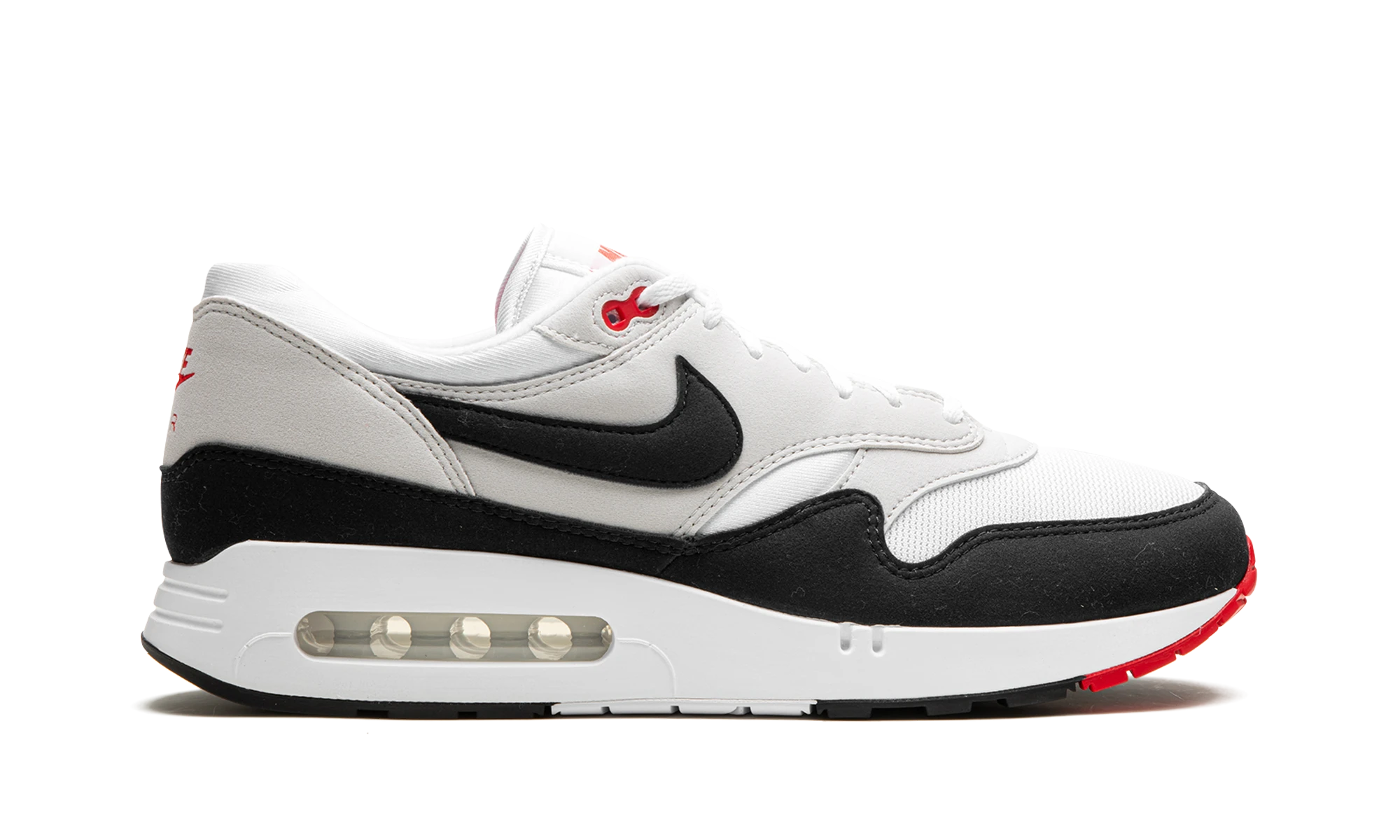 Basket Nike Air Max 1 '86 Big Bubble Obsidian en daim blanc, noir et gris, disponible en France, Suisse, Belgique et Luxembourg — vue de profil extérieur.