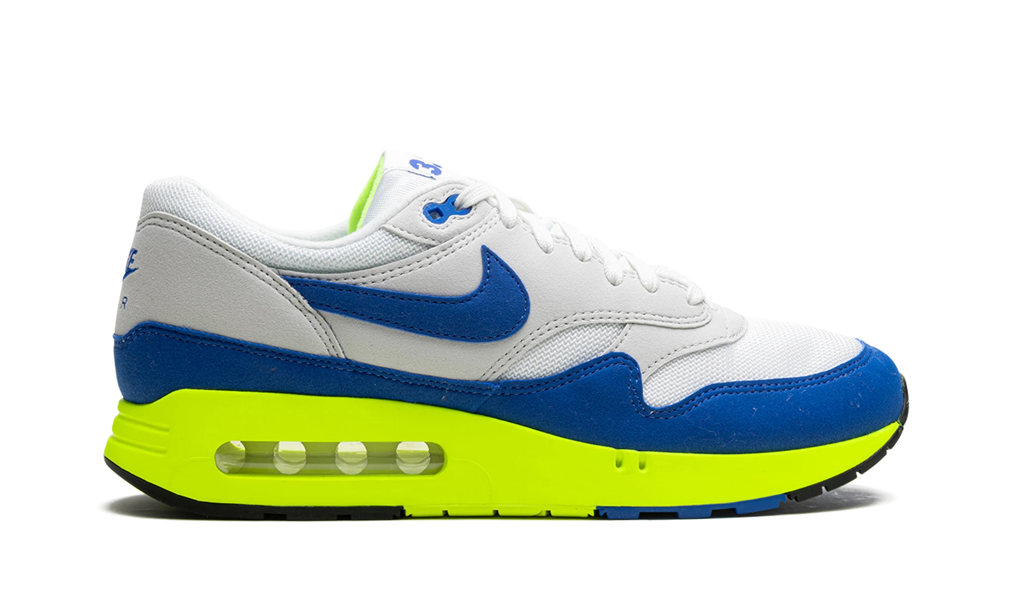 Basket Nike Air Max 1 '86 OG Big Bubble Air Max Day en daim beige, bleu et jaune, disponible en France, Suisse, Belgique et Luxembourg — vue de profil extérieur.