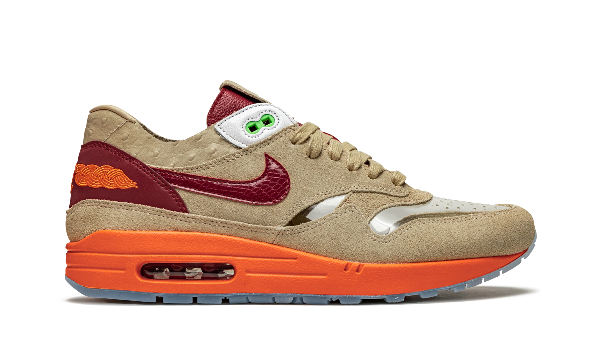Basket Nike Air Max 1 CLOT Kiss of Death en cuir rouge et orange, disponible en France, Suisse, Belgique et Luxembourg — vue de profil extérieur.