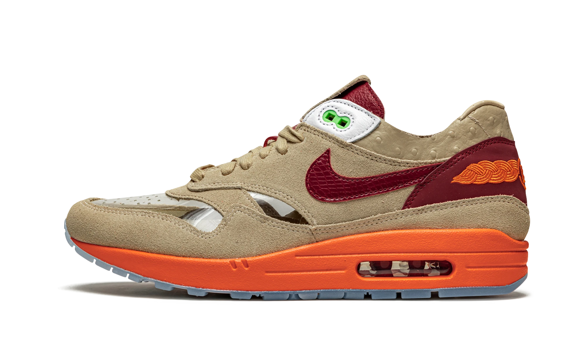 Détail du côté intérieur de la basket Nike Air Max 1 CLOT Kiss of Death rouge et orange.