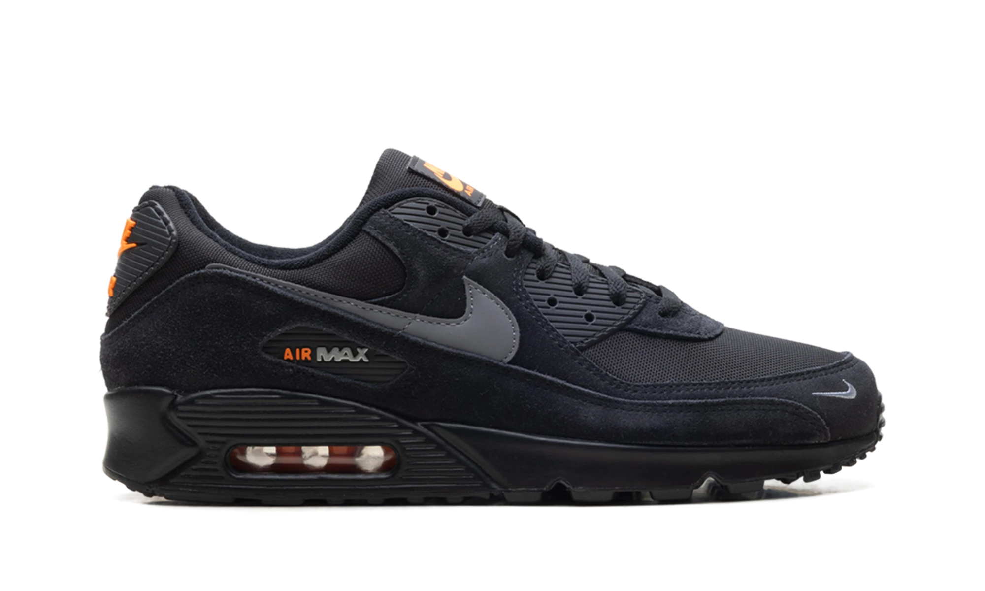 Basket Nike Air Max 90 Black Metallic Cool Grey Orange en cuir noir, gris et orange, disponible en France, Suisse, Belgique et Luxembourg — vue de profil extérieur.
